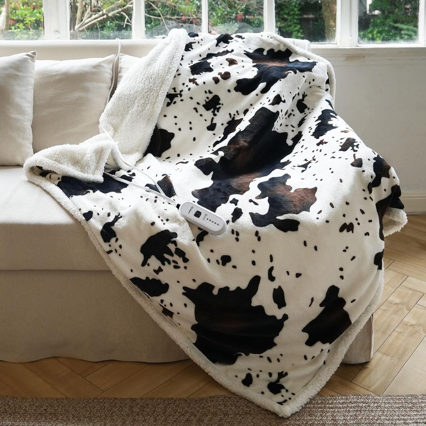 Cow Print Heated Blanket Twin-Heating Electric Blanket Twin with 10 Heat Levels & 10 Hours Auto-Off, Cozy Soft Fleece Sherpa, Washable, 62 x 84 Inches Cow Print White