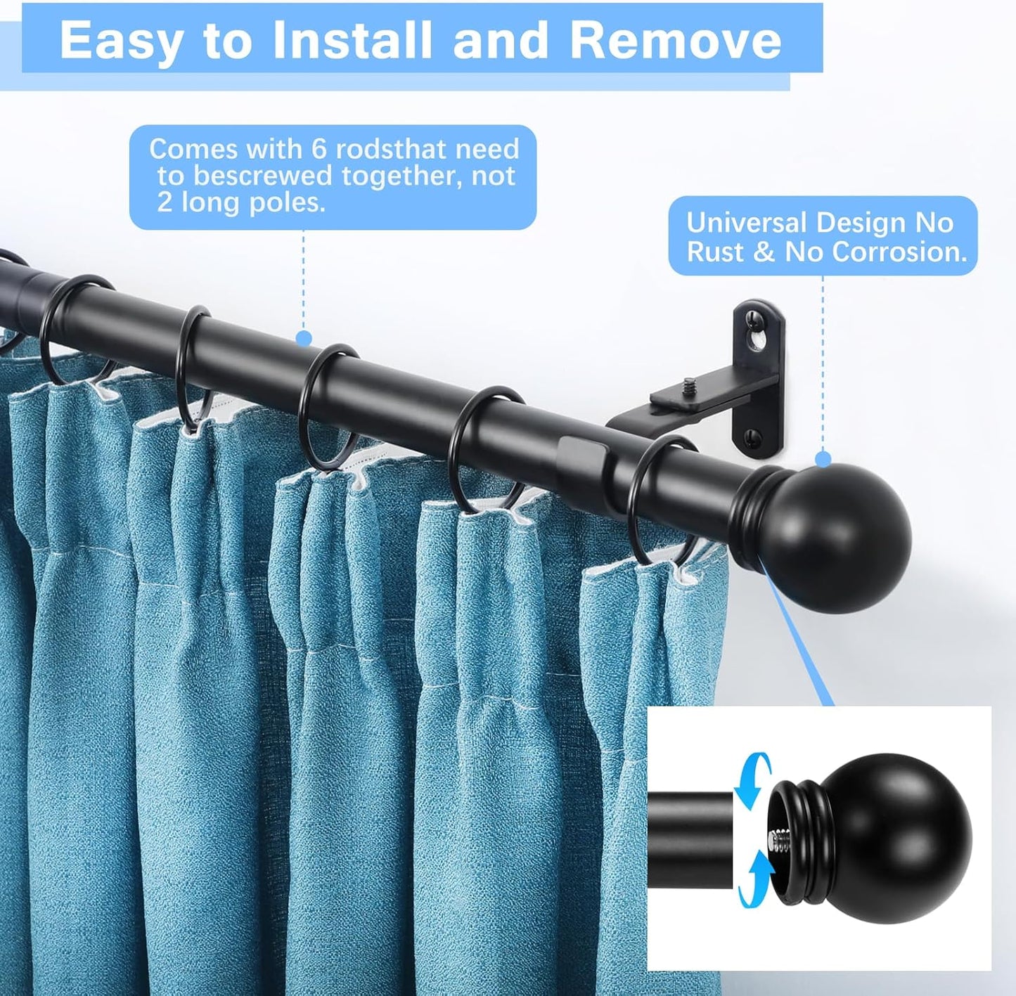 Curtain Rods for Windows 16 to 92 Inches, Curtain Rod Max Adjustable Length of 104 IN, 1" Diameter Drapery Rods Round Finials, Black, Pack of 2