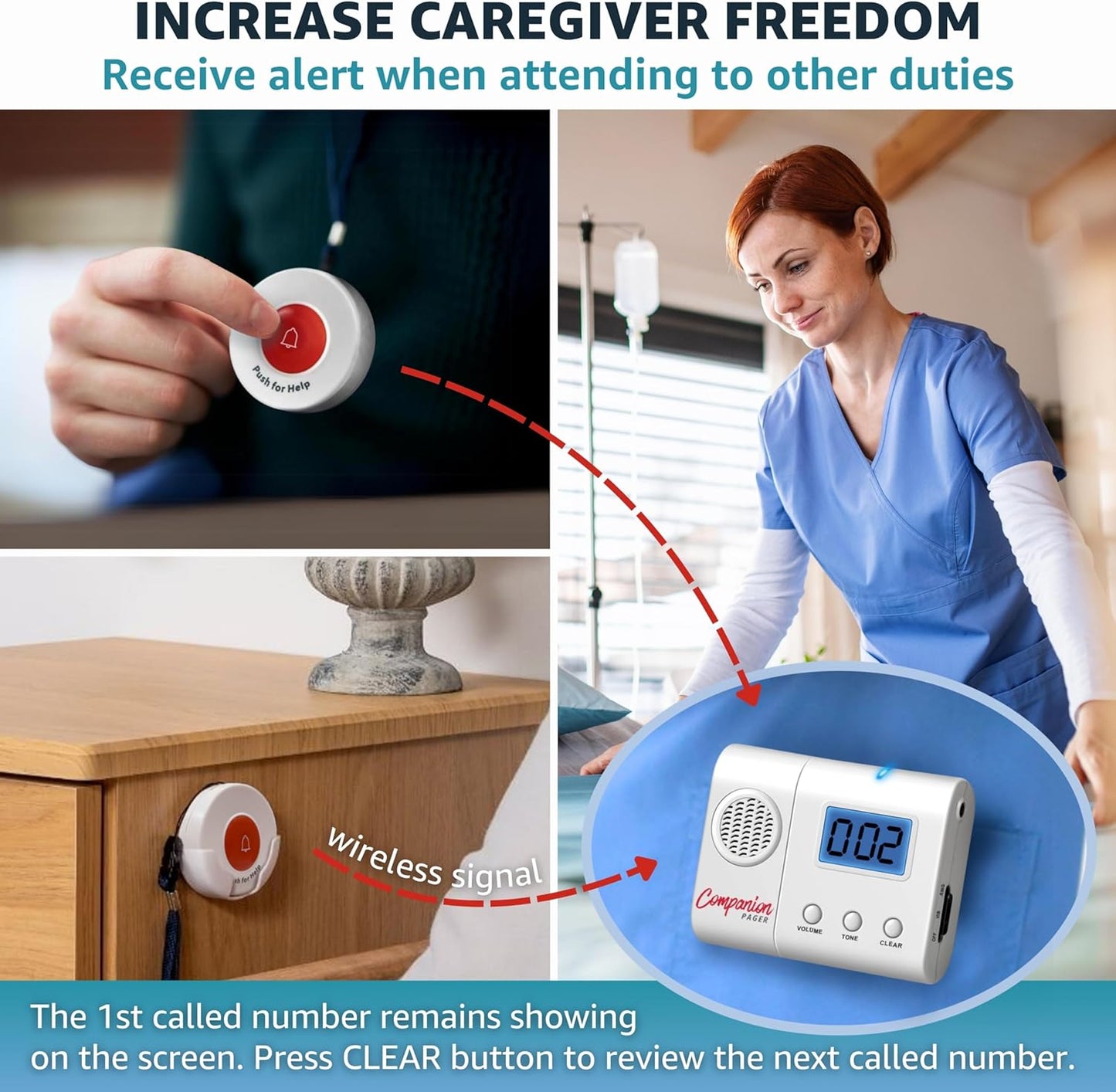 Caregiver Pager Wireless Call Buttons for Elderly at Home for Seniors Adults Patients Nurse Call Light System Alert Button Alarm Emergency with Review Feature