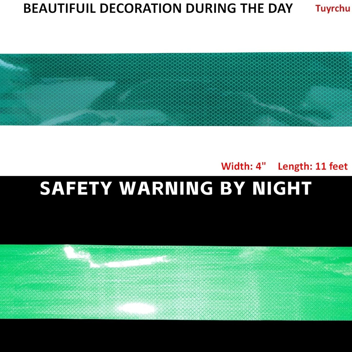 Non Fading Green Reflective Tape Outdoor Waterproof 4 inch, High Visibility Warning Industrial Marking Tape, Safety Stickers (11 feet)