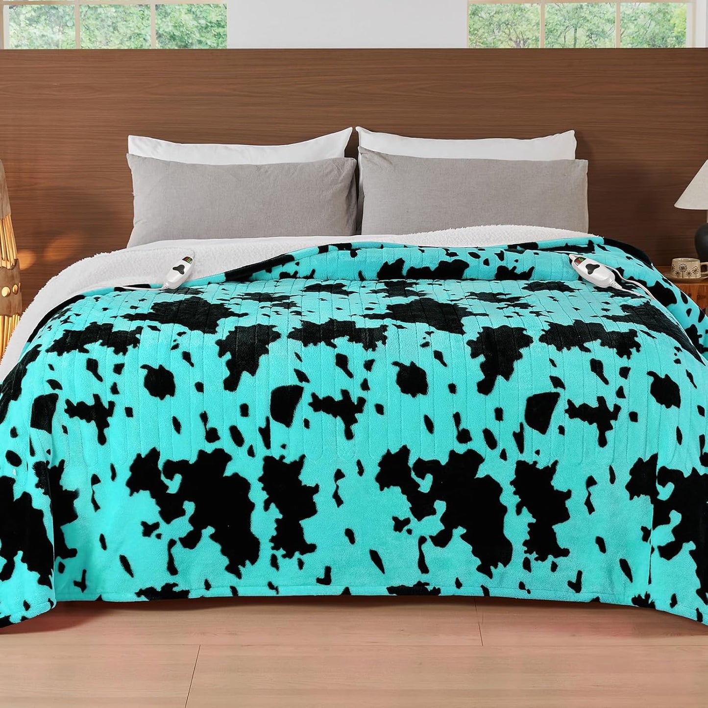 Cow Print Electric Heated Blanket Queen Size,84X90 Green Heating Blanket Queen With Dual Control&Timer&10 Heat Levels,Highland Cow Decor Fleece Sherpa Blankets Warmer Gifts for Bed Women Adults