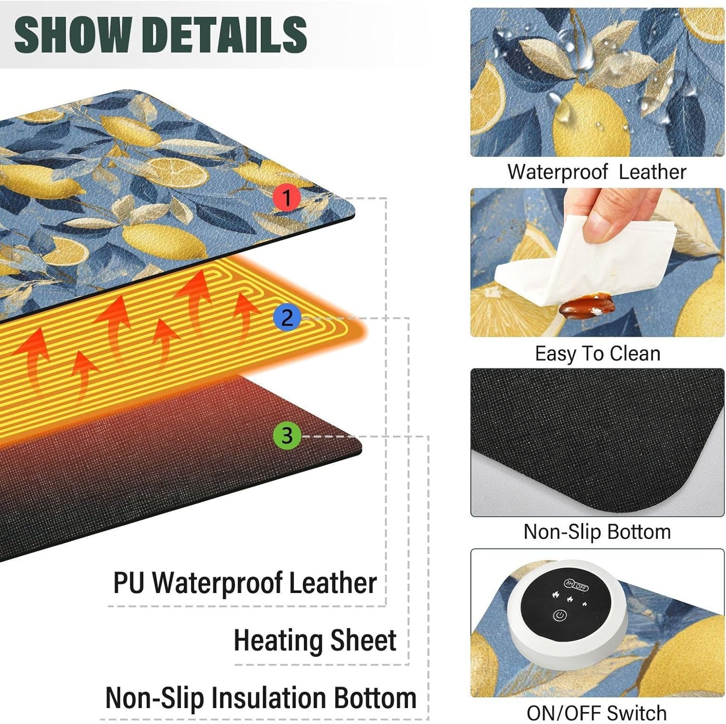 Heated Desk Pad Mouse Pad 31.5x13 Inch PU Leather Desk Mat with 3 Heat Levels Large Mouse Gaming Computer Laptop Mat Blue Lemon Leaves