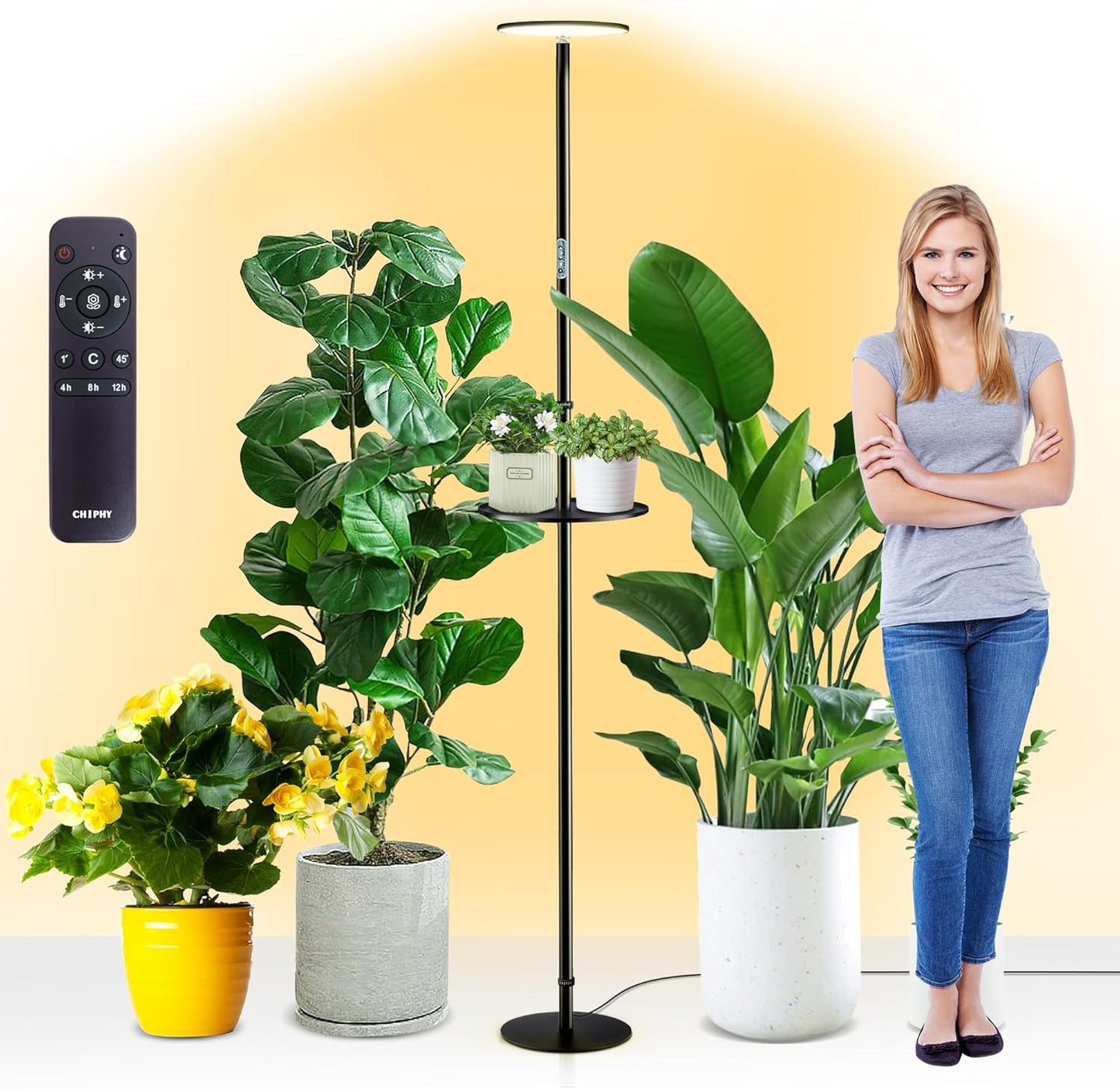 chiphy Grow Lights, Full Spectrum Plant Light for Indoor Plants, 4/8/12H Timer, 40W All Metal Floor Grow Lamp, 10 Dimmable Brightness, 69" Tall with Tray, Remote Control, Ideal for Large Tall Plants