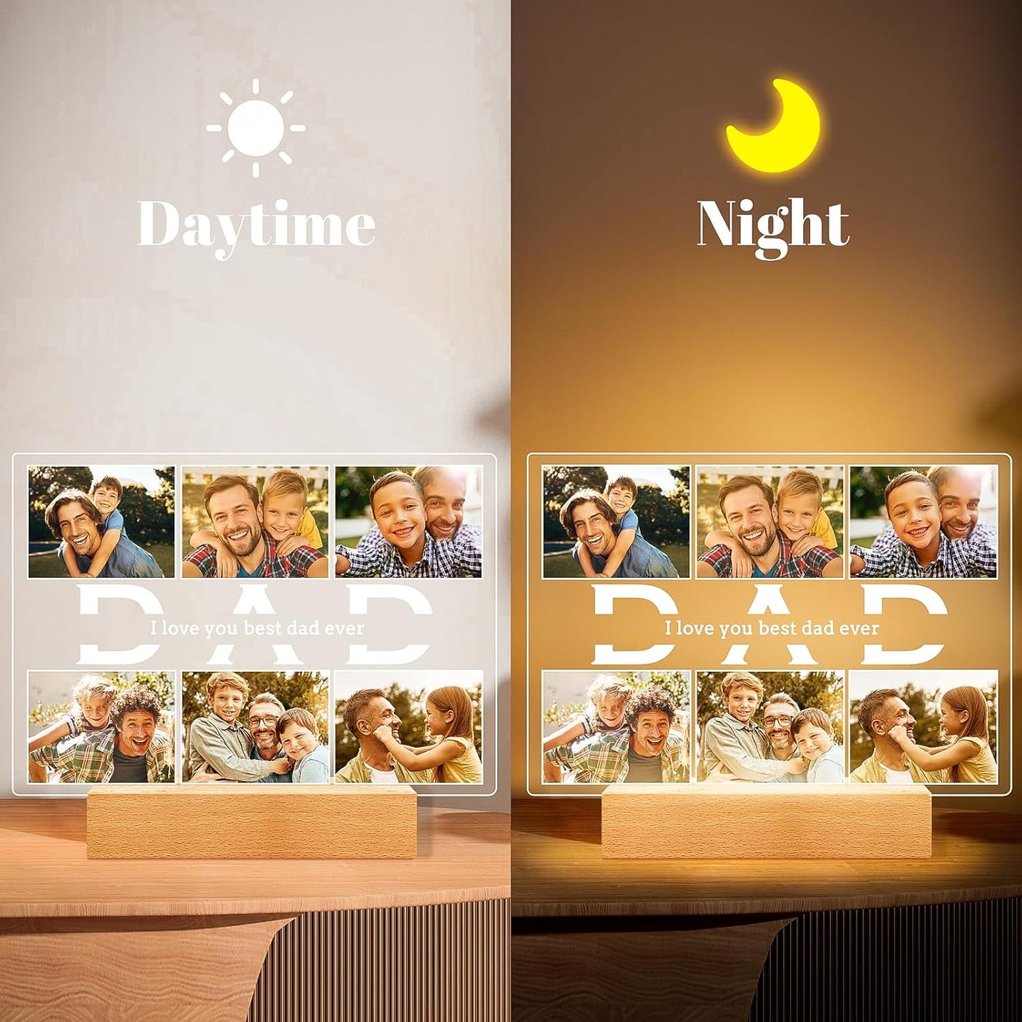 Personalized Birthday Gifts for Dad from Daughter Son, Custom Picture Frames with Photos, Customized Photo Frame with Night Light, Personalized Gifts for Dad Baby Kid Family