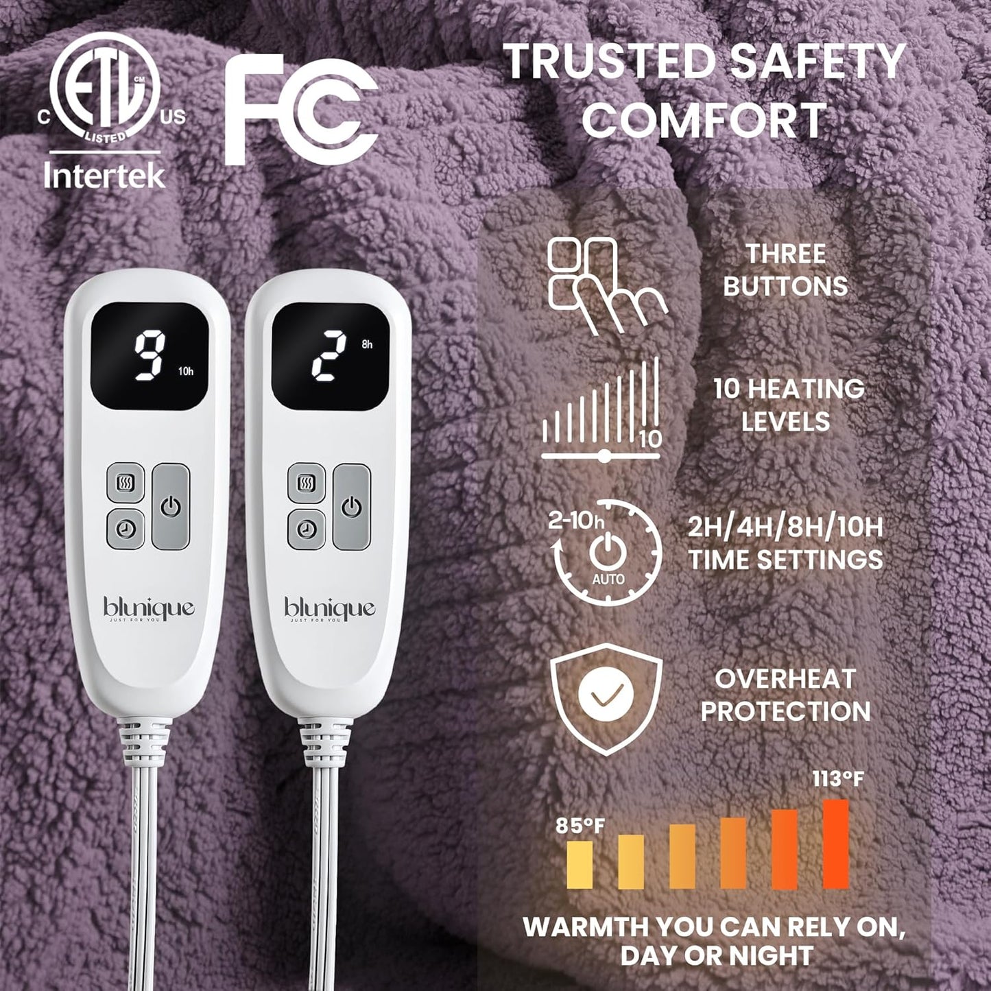 Heated Blanket Electric Blanket Queen - Fast Heating Blanket Throw Dual Control Double Sided Sherpa with 10 Heating Levels & 2-10 Hours Auto Off, Mashine Washable, 84 x 90 Inches, Purple