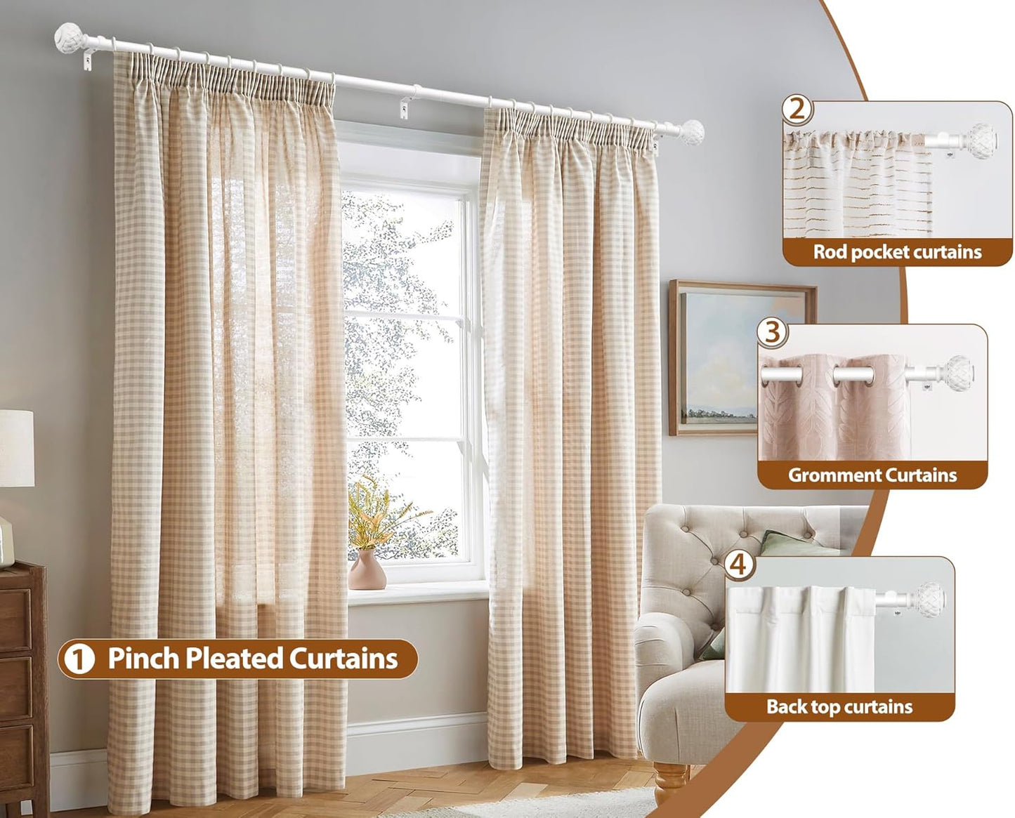 TONIAL White Curtain Rod 32 to 86 Inches, 7/8 Adjustable Curtain Rods for Windows 20 to 82 Inches, Splicing Drapery Rods Heavy duty with Netted Texture Finials