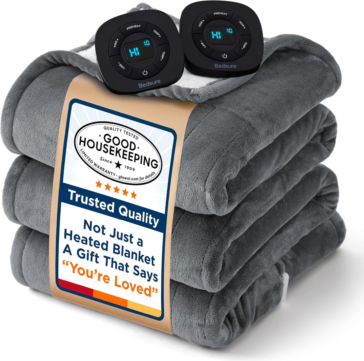Bedsure Electric Blanket King Size - Dual Control Heated Blanket King Size, Fast Heating with 10 Time Settings & 10 Heat Settings, Warm Gift for Grandma (100x90 inches, Grey)