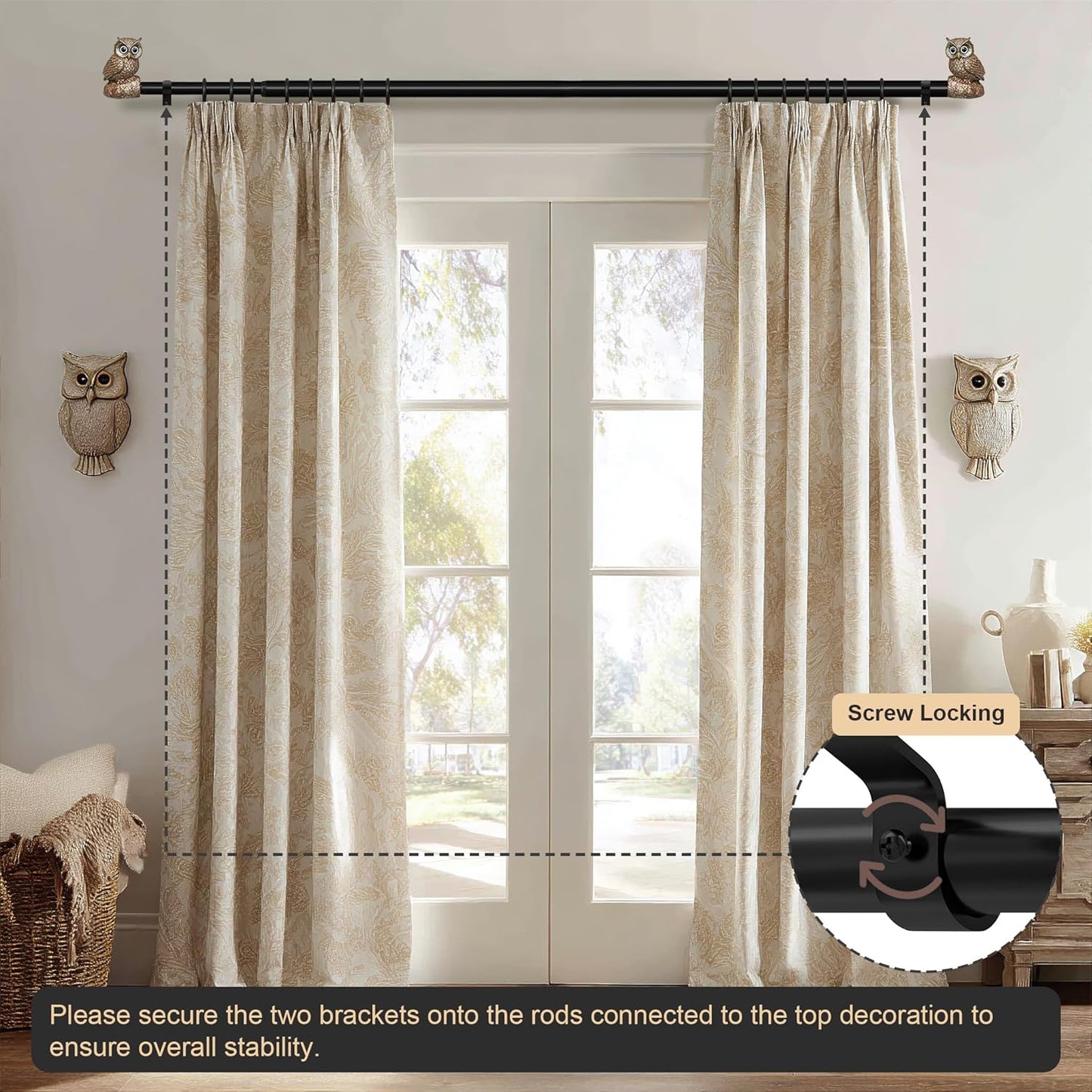 Vintage Decorative Black Curtain Rods for Windows 28 to 48 Inch Adjustable Heavy Duty 1'' Diameter Curtain Rod with Owl Finials for Bedroom Living Room Kitchen Farmhouse (18-60'')