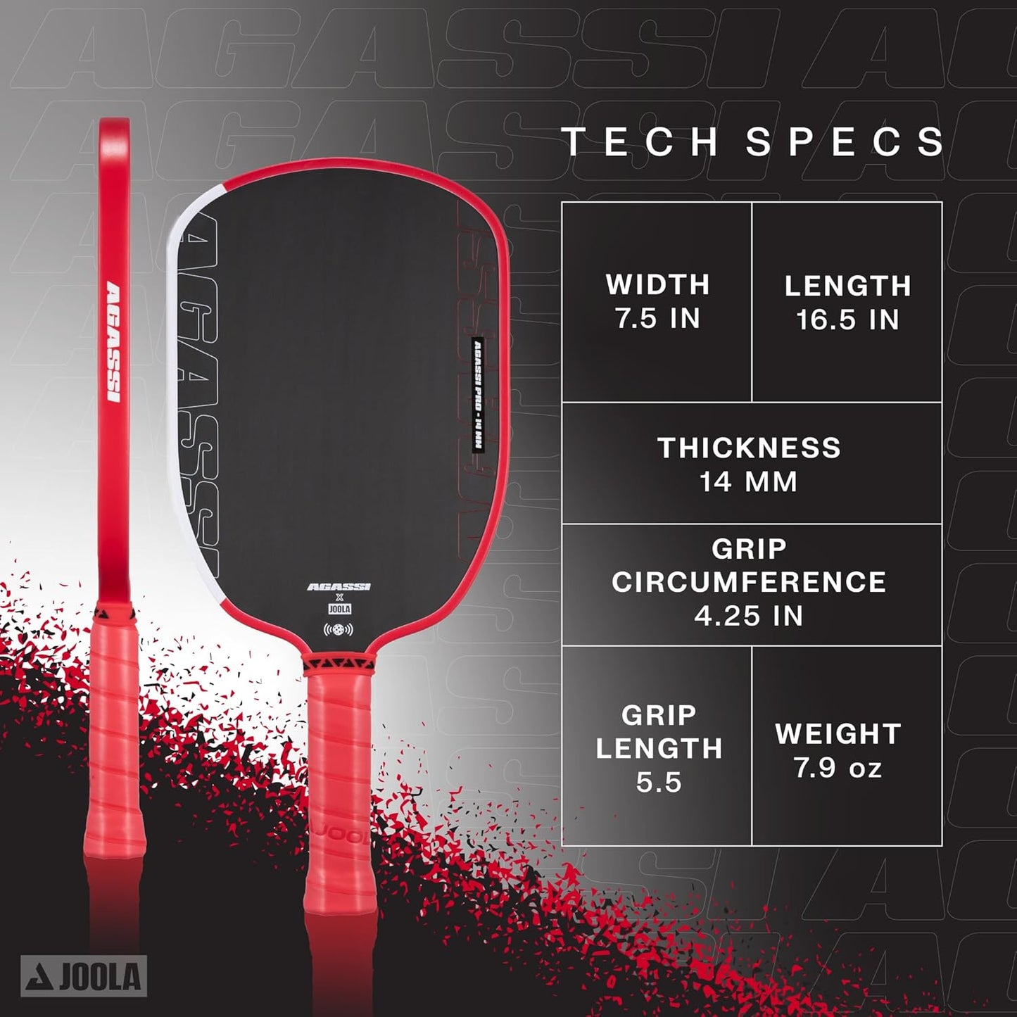 JOOLA Agassi PRO IV 14mm Pickleball Paddle w/Extended Sweet Spot - Carbon Fiber Surface Increases Spin & Control - SK Film for Power & Larger Sweet spot - UPA-A Certified - USAP Approved - NFC Chip
