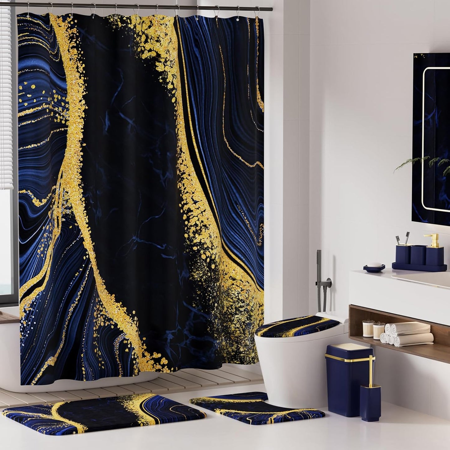 25PCS Bathroom Accessory Set, Navy Blue Bathroom Set with Large-Capacity 4 Gallon Trash Can,Bathroom Rugs Set, Waterproof Shower Curtain, Toilet Brush, Toothbrush Holder & Soap Dispenser