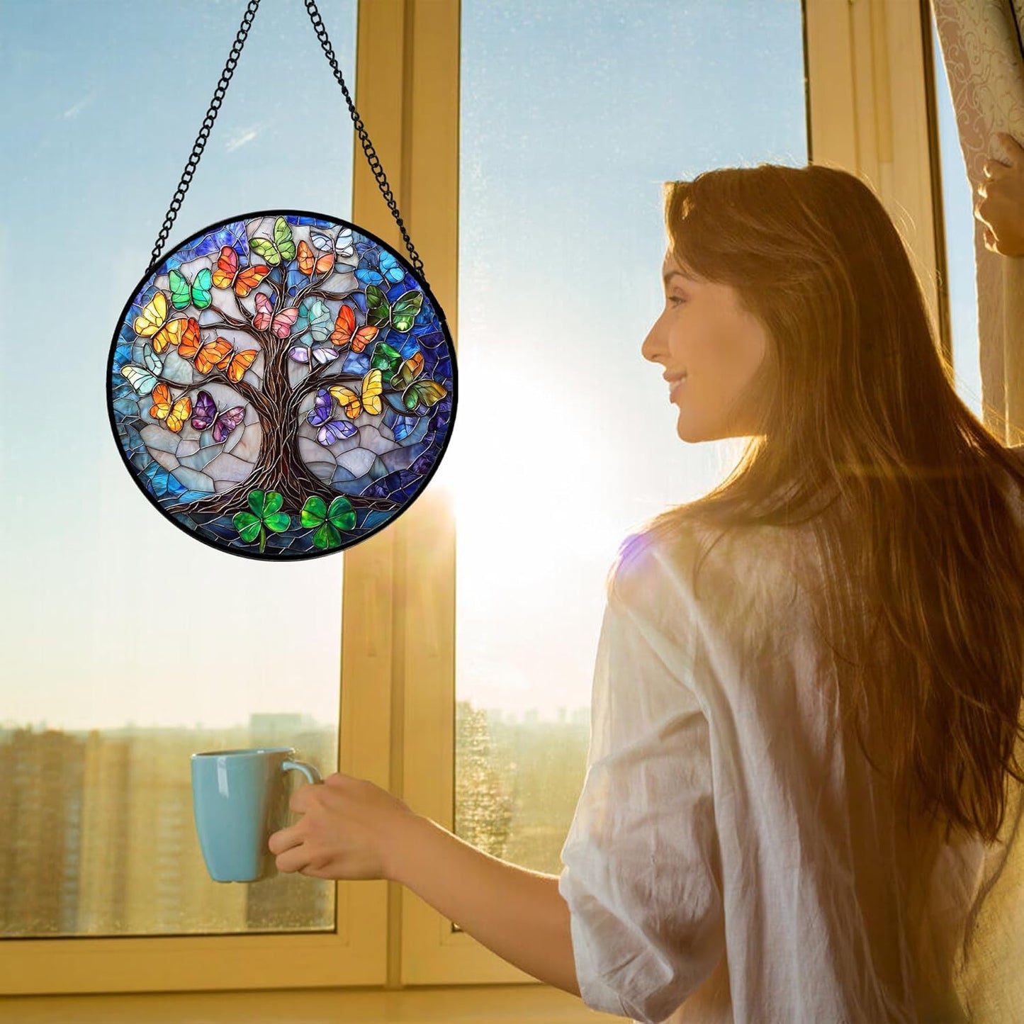 Stained Glass Window Hanging, Butterfly Tree Clover Sun Catchers Glass Panel Blue Suncatcher Decor for Birthday for Women, Men, Wife, Aunt, and Mom 9.8 in