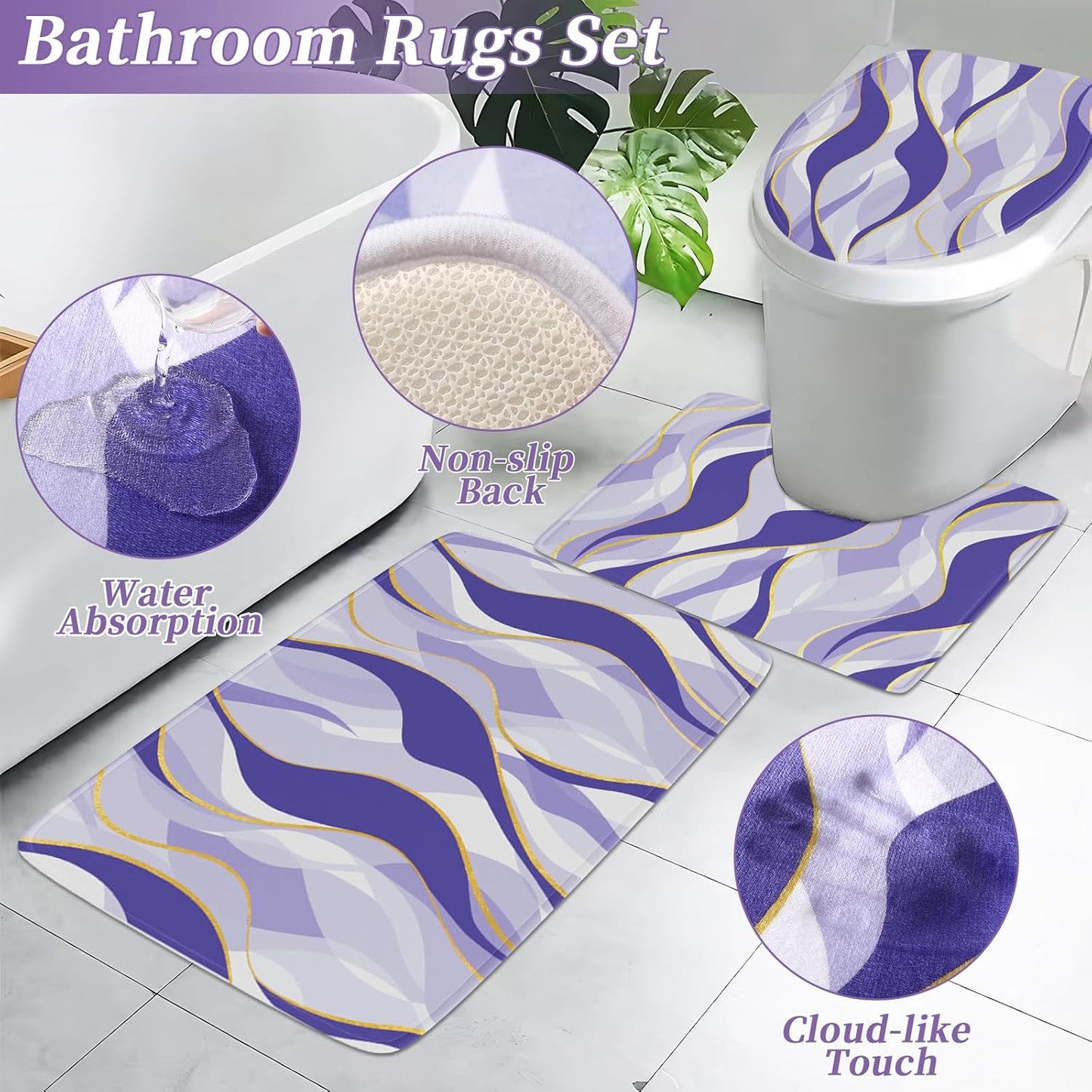 Bathroom Set - Purple and Gold Bathroom Accessories, Bathroom Sets with Shower Curtain and Rugs, Purple Shower Curtain Set with Bathroom Trash Can, Soap Dispenser, Soap Dish for Home Decor