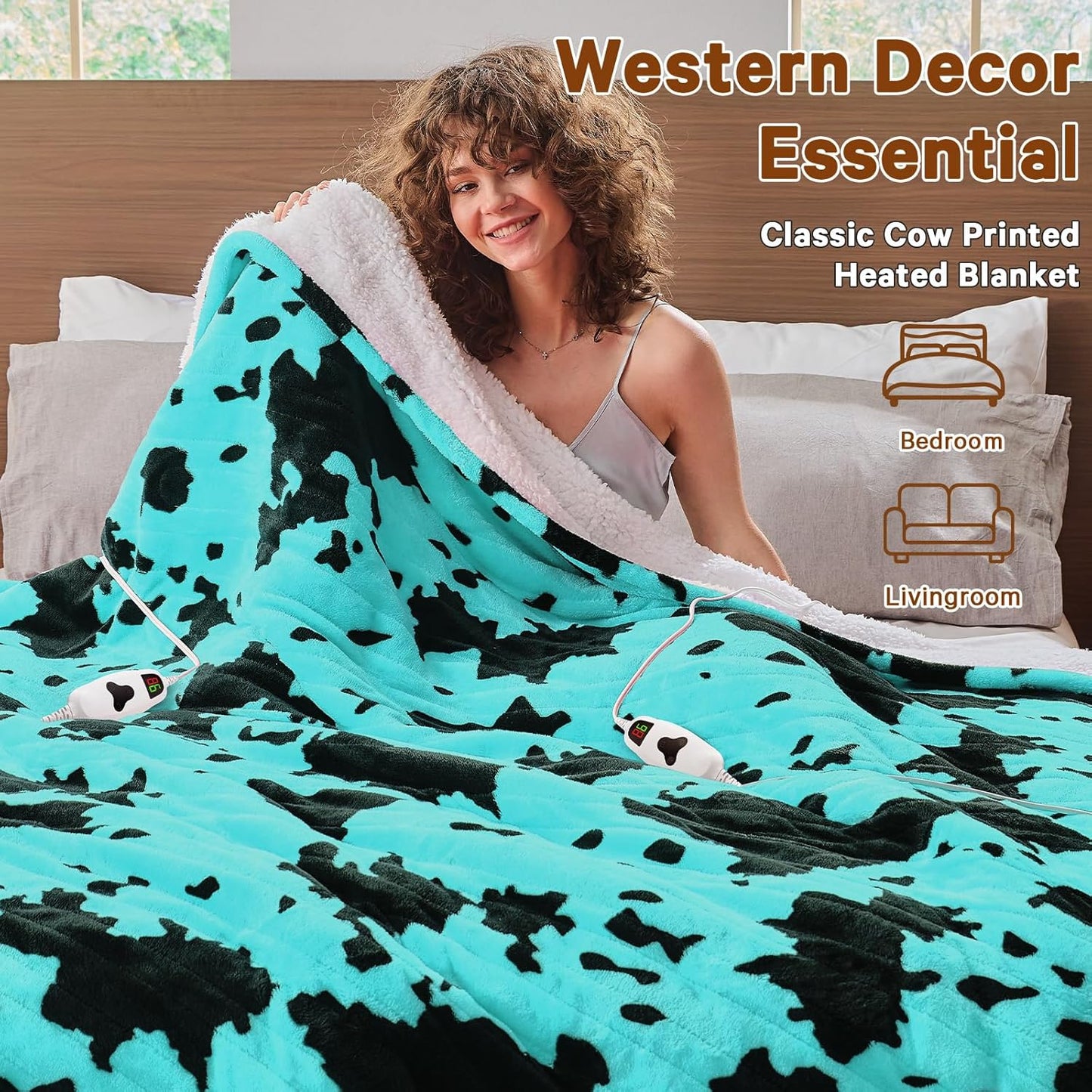 Cow Print Heated Electric Blanket Twin Size,62X84 Green Heating Blanket with 10 Heats Levels & 8 Hours Auto Off,Highland Cow Fleece Sherpa Blankets Warmer Gifts for Women Adults Couch,Washable