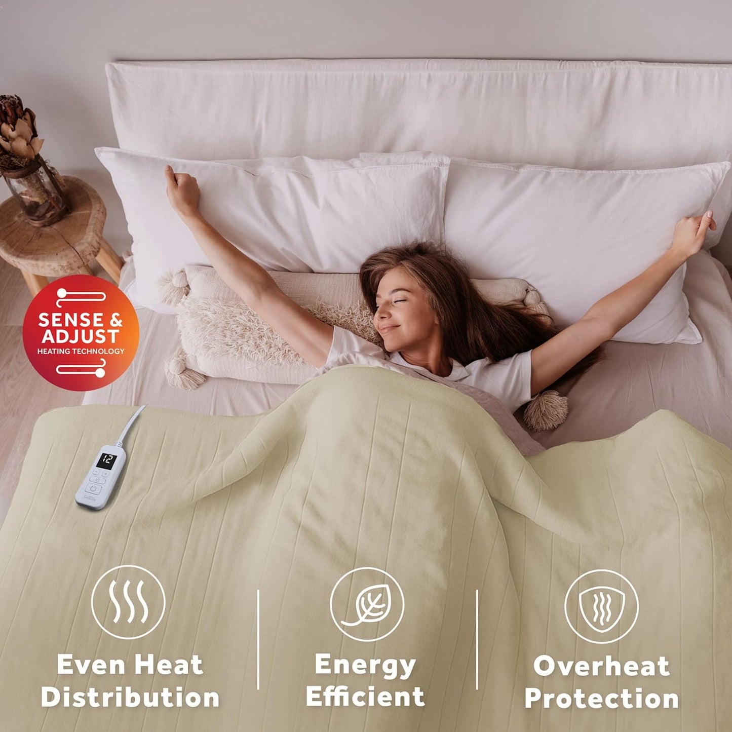 Sunbeam Royal Ultra Fleece Heated Electric Blanket Twin Size, 84" x 62", 12 Heat Settings, 12-Hour Selectable Auto Shut-Off, Fast Heating, Machine Washable, Warm and Cozy, Pebble