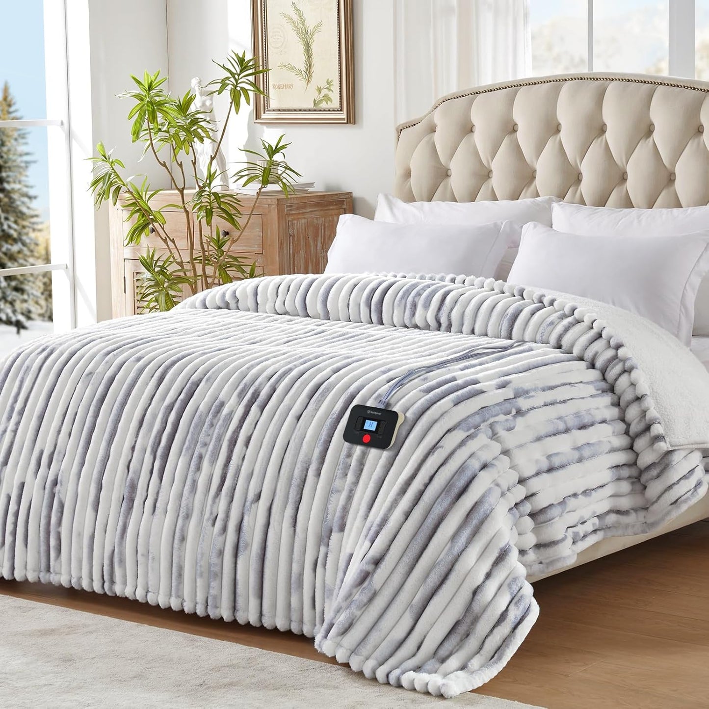 Westinghouse Electric Blanket Queen Size, Soft Luxury Faux Fur & Sherpa Heated Blanket with 10 Heating Levels & 1-12 Hours Auto Off, Fast Heating Blanket, Machine Washable, 84x 90 Inch Blue Gray