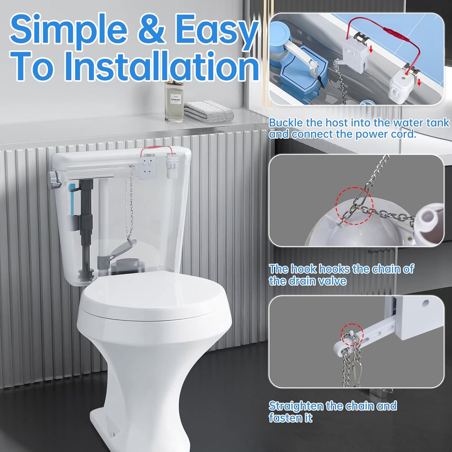 KERDE Touchless Toilet Flusher Kit – Motion Sensor Flush Valve with Wireless Button, Battery Powered, Compatible with Chain Pull Lever Toilets, Remote Flush for Home & Commercial Bathrooms
