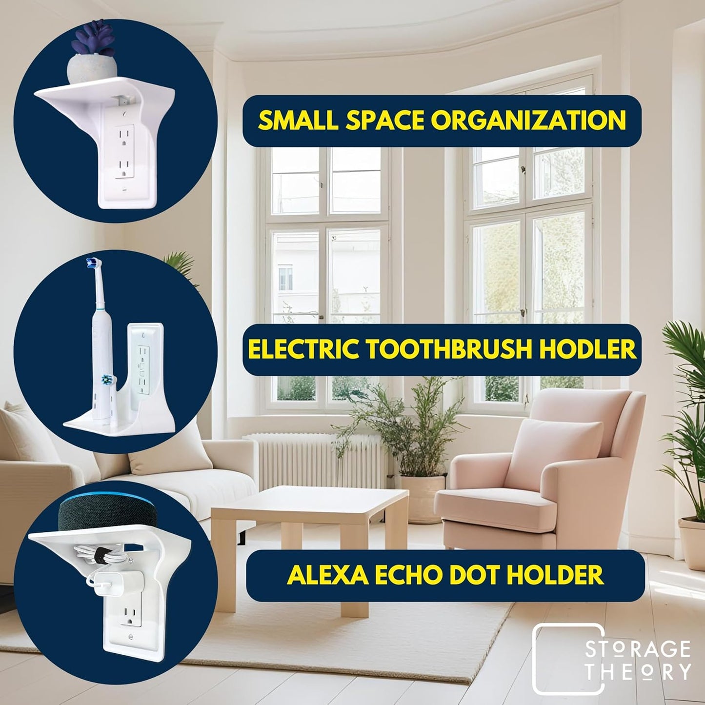 BeraTek Power Perch Wall Outlet Shelf with Cord Storage Strap - Declutter & Reclaim Bathroom Counter Space - Echo Dot Stand, Homepod Mini Wall Mount, Smart Home Devices Organizer - White, 4-Pack