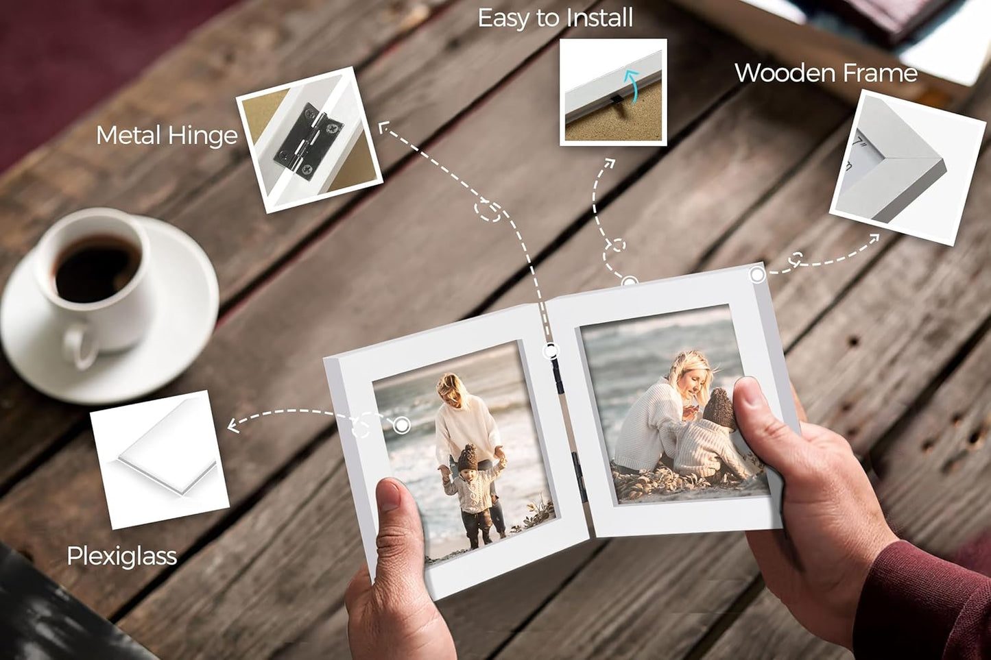 Double 4x4 Square Combo, White Wood Picture Frame, 3.5x3.5 Opening Foldable Photo Frame on Table-top or Wall