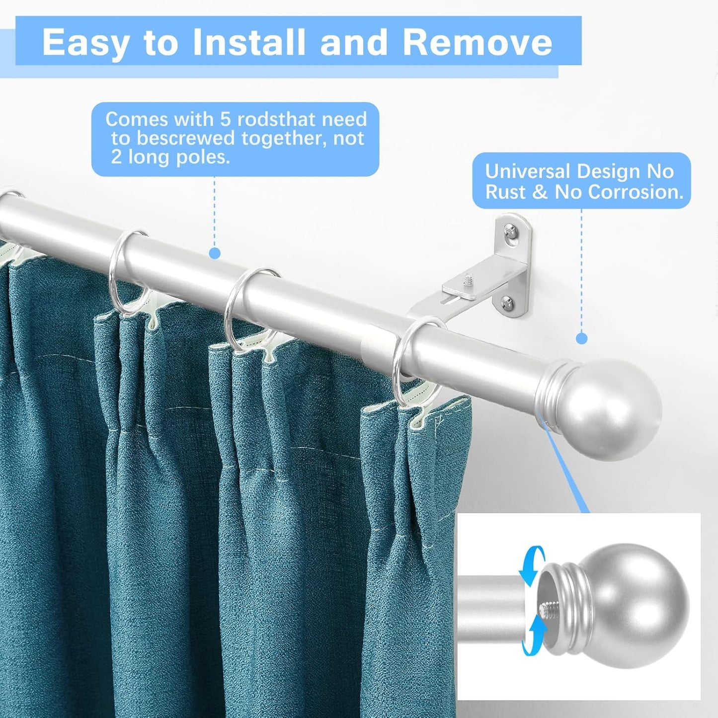Curtain Rods for Windows 16 to 76 Inches, Curtain Rod Max Adjustable Length of 88 IN, 6/8" Diameter Drapery Rods Round Finials, Satin Silver, Pack of 1