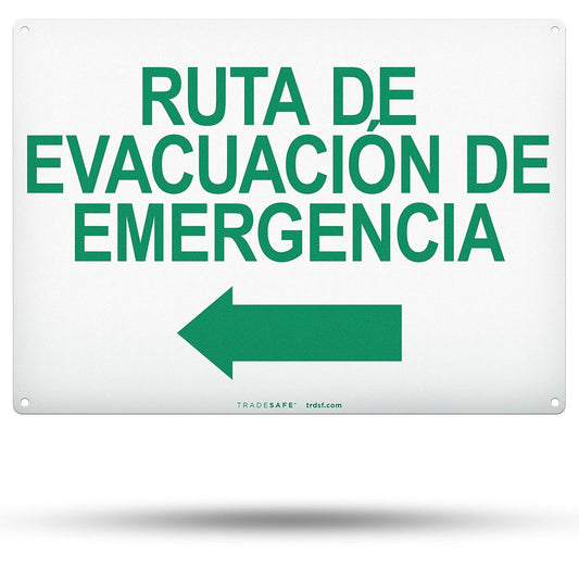 TRADESAFE Emergency Evacuation Route Arrow Left Sign – Ruta De Evacuación De Emergencia Spanish Sign, Quick Install, Light Reflective, UV-Resistant, Waterproof, 14” X 10” Aluminum Safety Signs