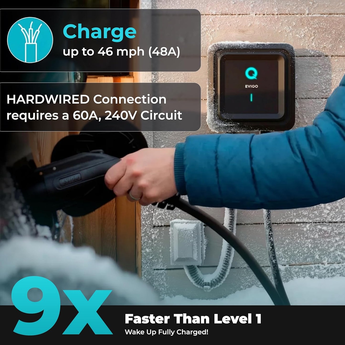 EVIQO EV Charger Level 2 48 Amp - Level 2 EV Charger Hardwired, 240V Electric Vehicle Charging Stations, J1772 Chargers 11.5kW, Wall EV Chargers for Home, EVSE EV Charging Station 25' Cord - Gen 2