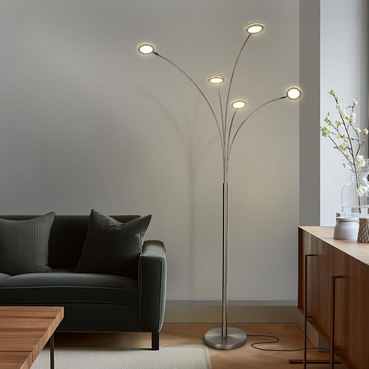 Brightech Orion Arc Floor Lamp for Living Room, Tree Floor Lamp with 5 Adjustable Arms, Multi-Head Standing Lamp with Flexible Rotating LEDs for Bedroom, Dorm - Bright Hanging Lighting - Satin Nickel