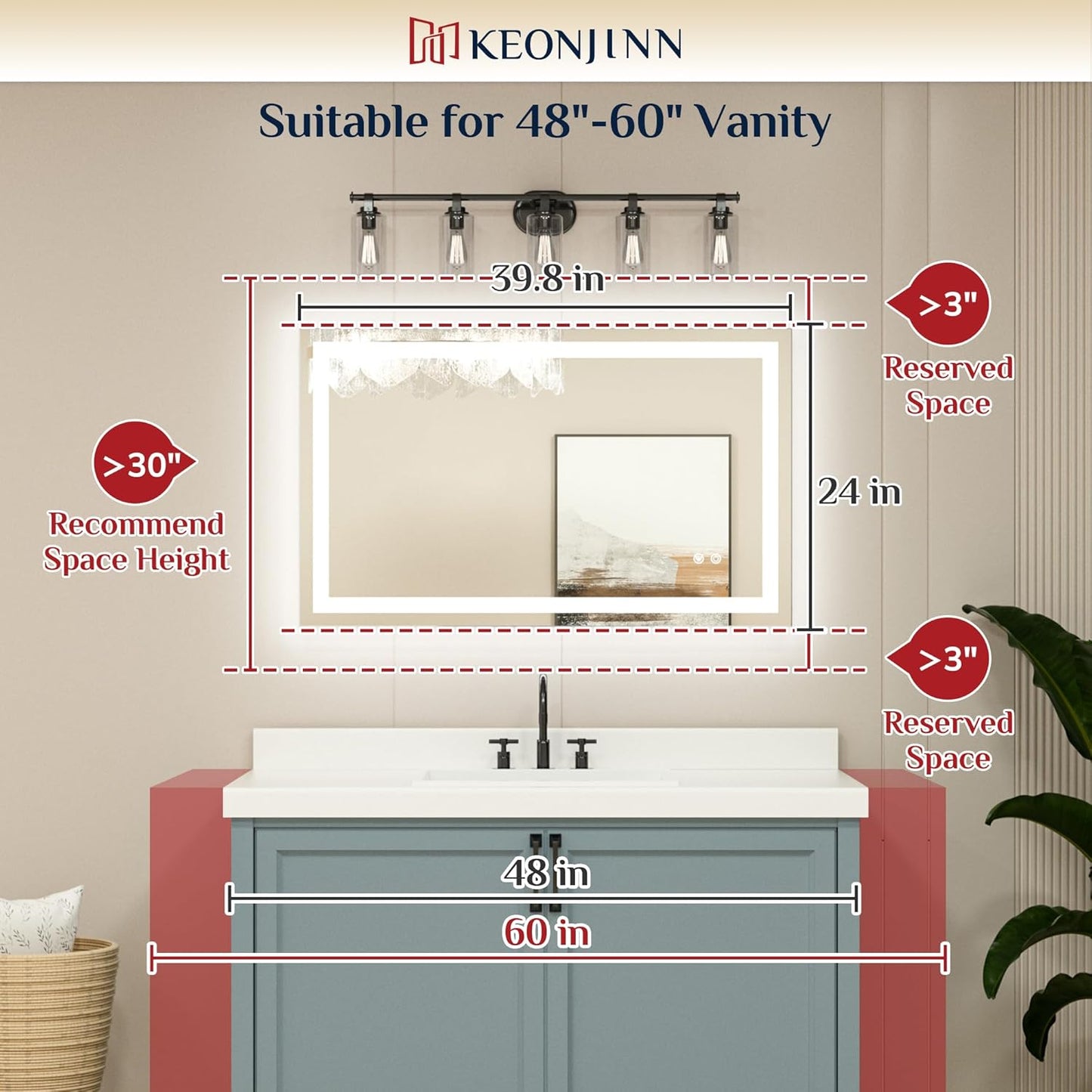 Keonjinn 40" x 24" Lighted Mirror for Bathroom Wall, LED Bathroom Mirror with Lights, Frontlit & Backlit Mirror with Dimmable 3-Color Temperature, HD Tempered Glass, UL-Listed LED Driver