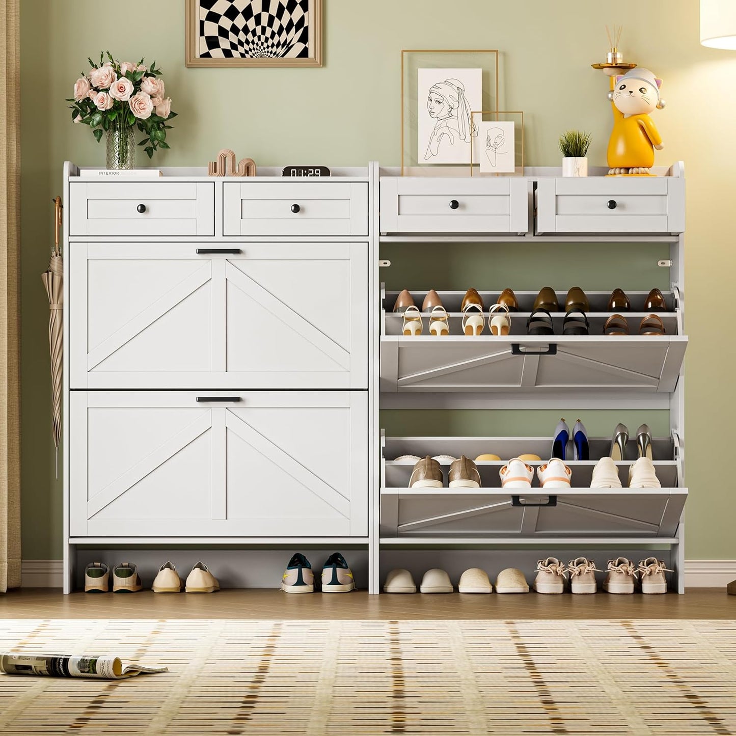 Shoe Storage Cabinet for Entryway, Farmhouse Narrow Shoe Cabinet with 2 Flip Drawers & Top Drawers, Adjustable Shelves & Hooks, Freestanding Hidden Rack Organizer for Hallway, Foyer