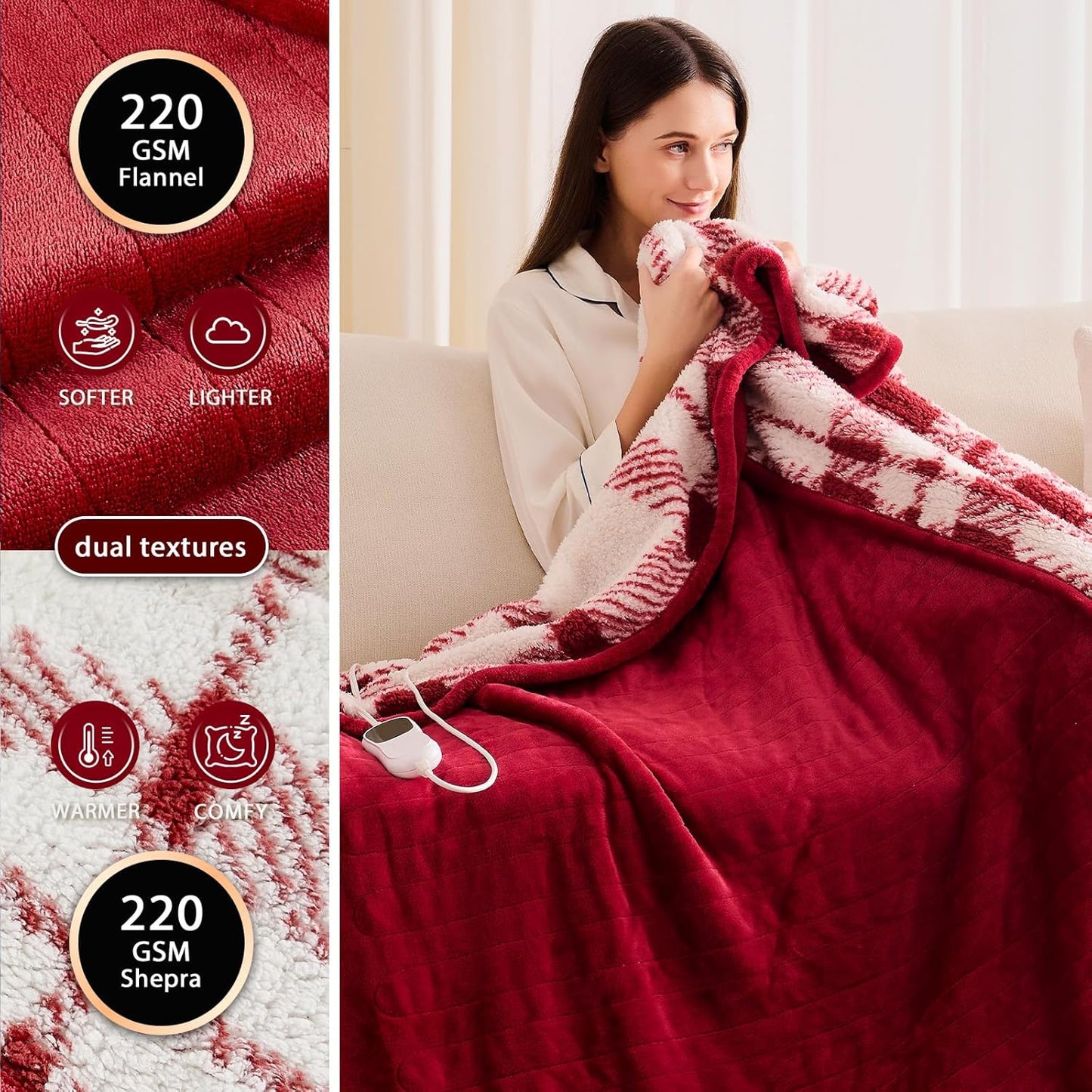 Heated Electric Blanket Queen Size - 84"x90" Flannel Heating Blanket with 10 Heating Levels & 5 Time Settings Over-Heat Protection, Winter Warmer for Adults with ETL Certification（Red）