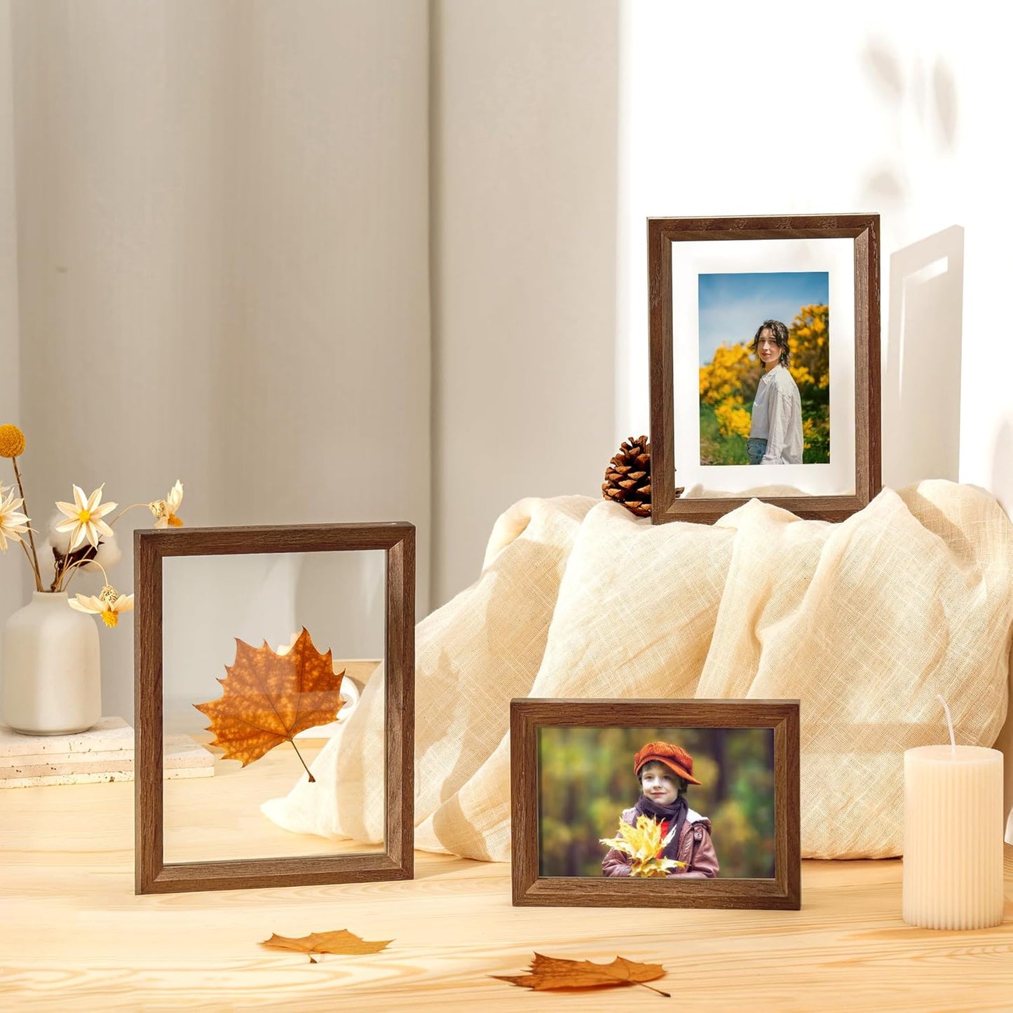 Axeman 6x8 Floating Picture Frame - Solid Oak Wood Picture Frame, Double Tempered Glass Photo Frame 2x3 4x6 5x7 6''x8'' Wood Frame, Wall Mount Or Tabletop Standing, Walnut