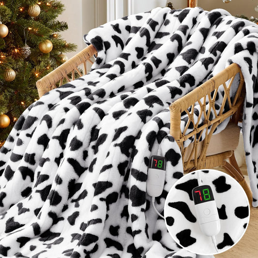 Cow Print Heated Electric Blanket Twin,62X84 Black Heating Blanket with 10 Heats Levels & 8 Hours Auto Off,Cute Cow Decor Fleece Sherpa Blankets Warmer Gifts for Women Couch Office,Washable