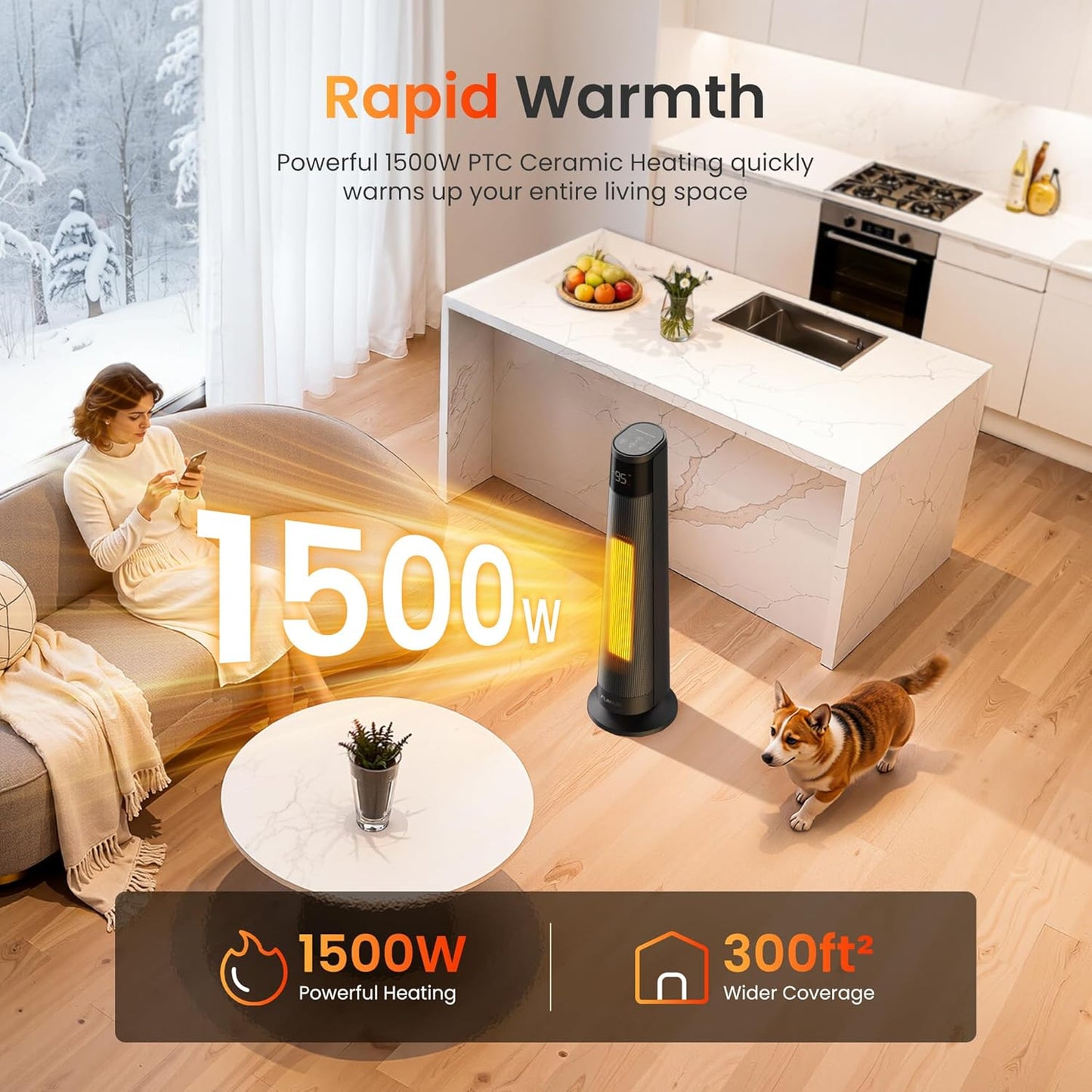 1500W PTC Ceramic Smart Space Heaters for Indoor Use, Portable Heater with Remote & App Control for Large Room, Office, ECO Modes, Safety Protection, 70° Oscillation, 12H Timer, Black, 1 Pack