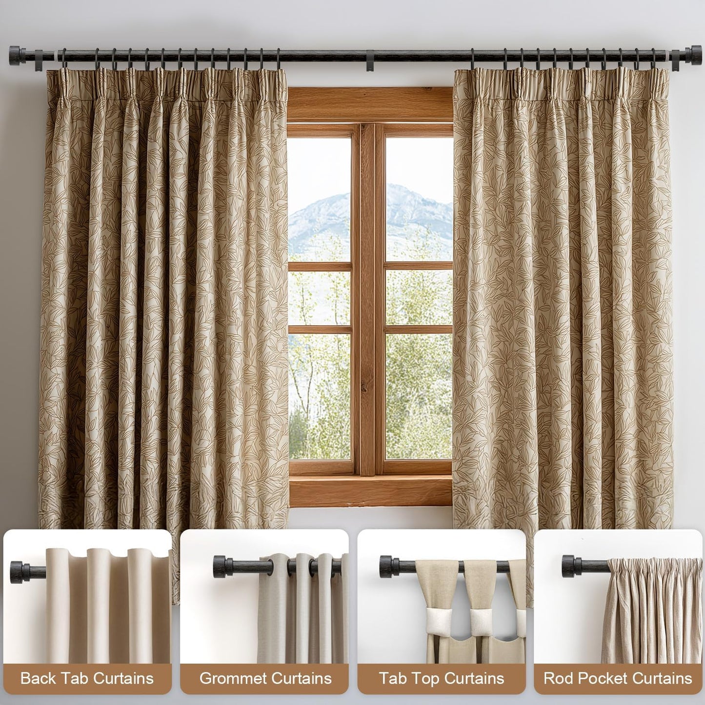 2 Pack Black walnut wood Grain Curtain Rods for Windows 66 to 120 Inches 1" Diameter Heavy Duty Window Curtain Rod Adjustable with Solid Finials for Living Room Bedroom Kitchen Farmhouse Outdoor
