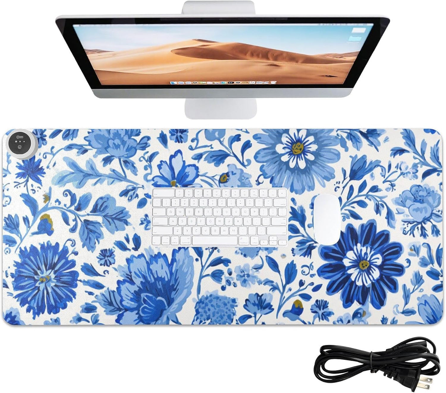 Heated Desk Pad Mouse Pad 31.5x13 Inch PU Leather Desk Mat with 3 Heat Levels Large Mouse Gaming Computer Laptop Mat Flower Blue and White Daisy Leaf
