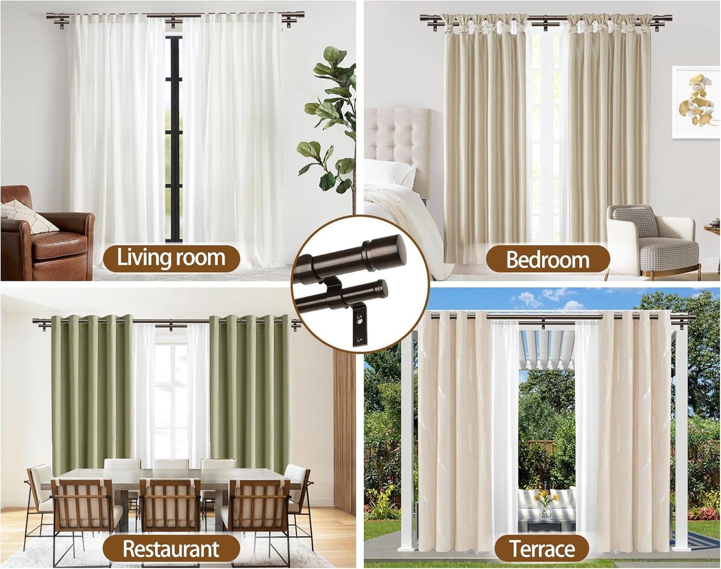 Double Curtain Rod 66 to 120 Inch, HOTOZON 1 Inch Heavy Duty Curtain Rods for Windows, Telescoping Double Drapery Rod with Simple Cap Finials, Bronze