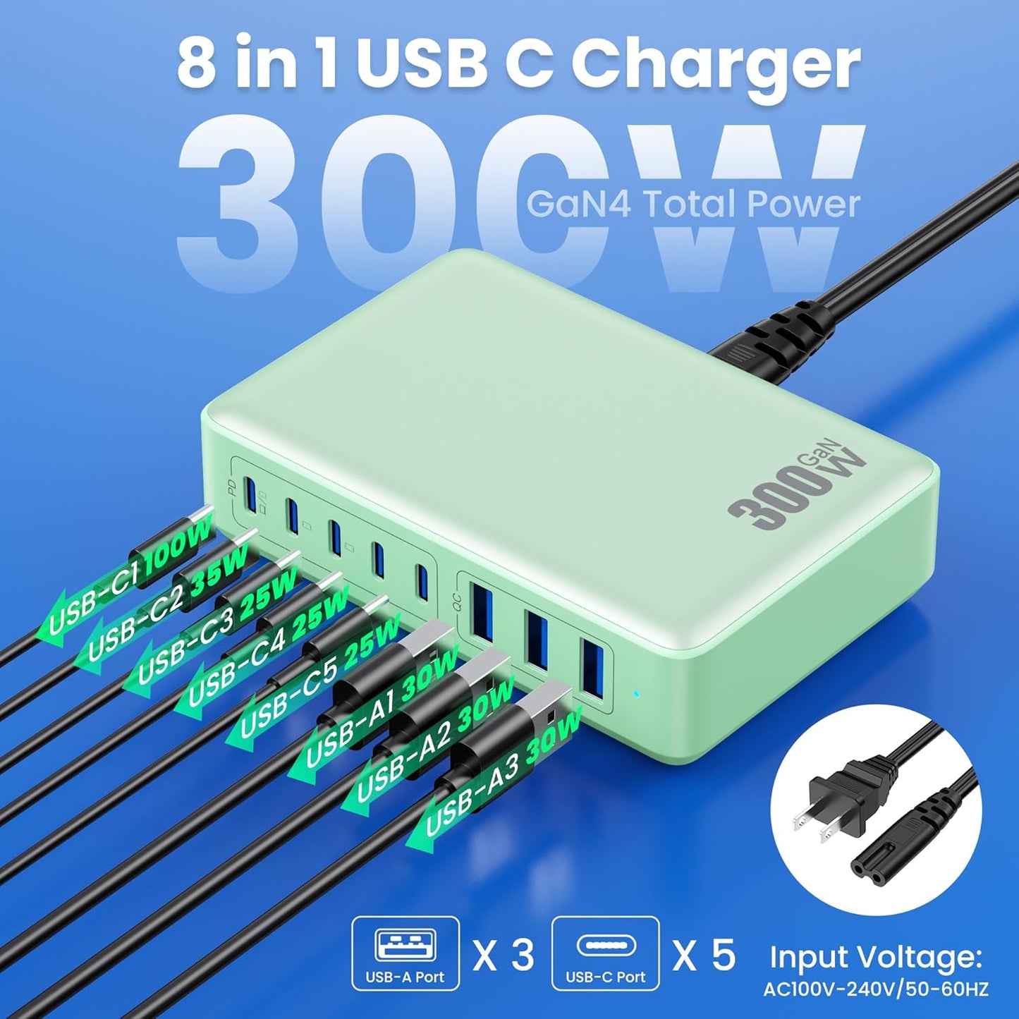 USB C Charger 300W USB C Charger Block, 8-Ports GaN IV Fast Charging Station Hub,PD 100W Laptop Charger Adapter,for MacBook Pro/Air/iPad/iPhone16/15/14/Apple Watch/DELL/Samsung for Home Office