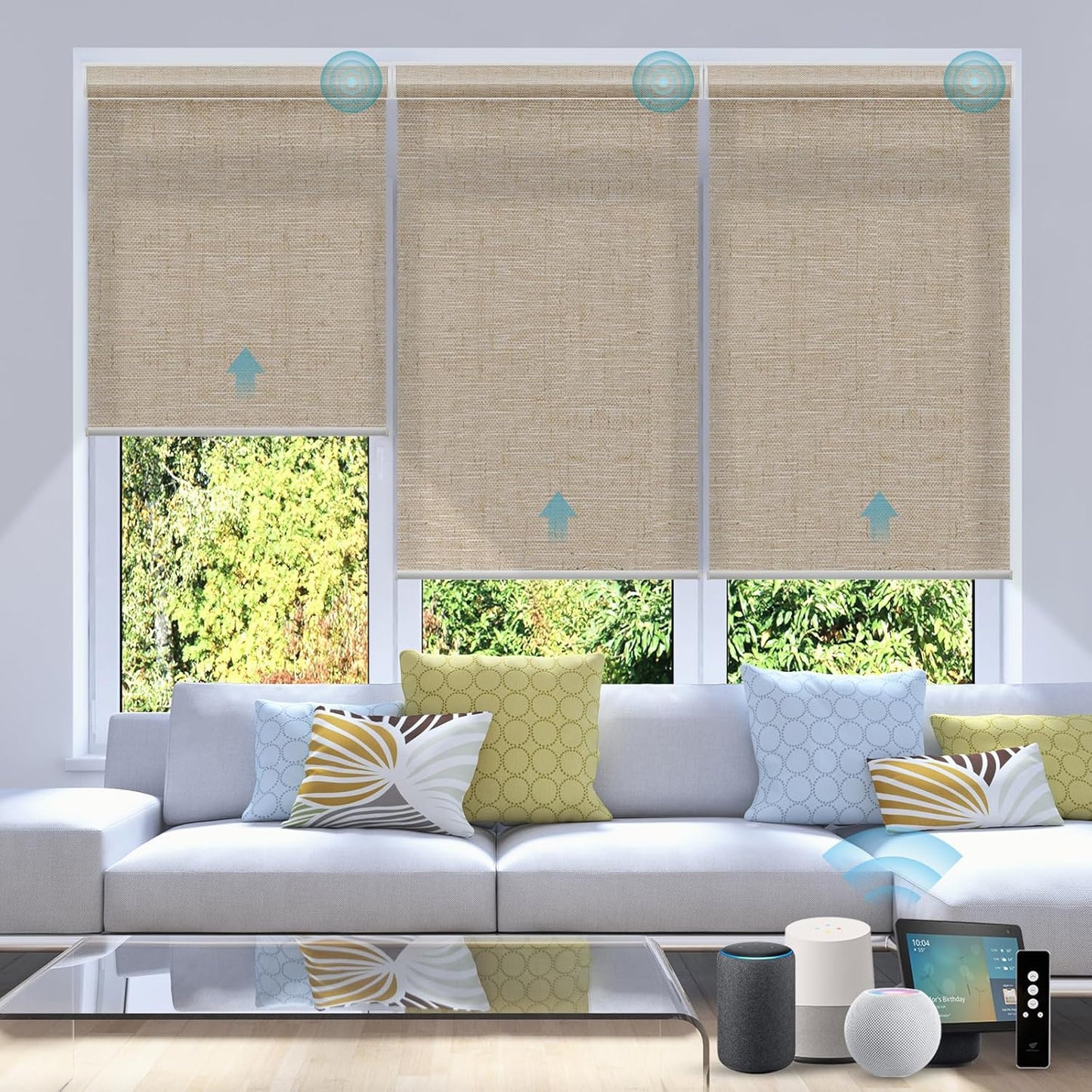 SmartWings Motorized Smart Blinds for Windows in Light Filtering, Electric Remote Roller Shades Compatible with Alexa/Google Home/Homekit, Custom Up to 110”W x 148”H, Linen Translucent Caramel