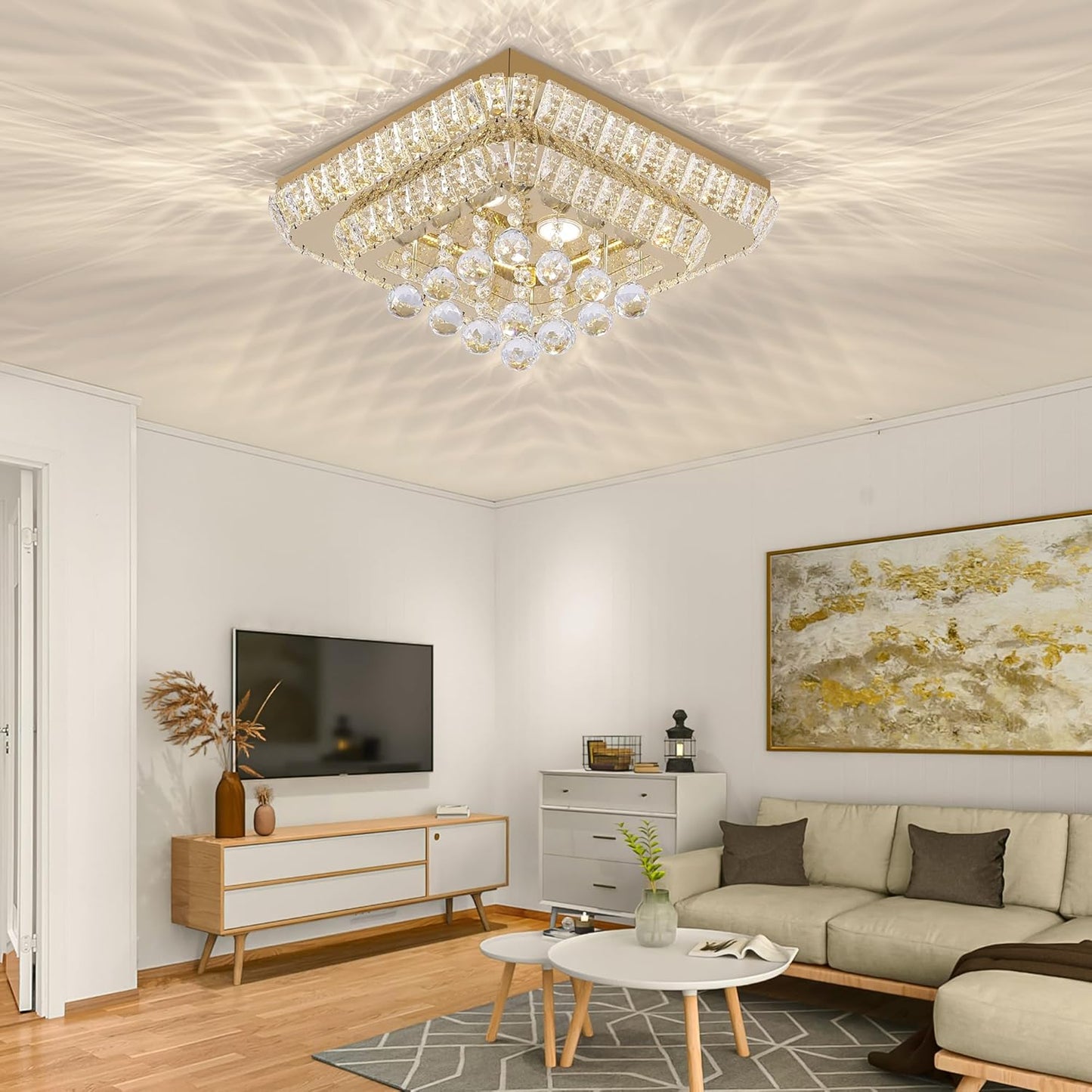 18 inch Crystal Flush Mount Gold Chandelier Remote/APP, Modern Raindrop LED Ceiling Light, 3CCT Dimmable & Brightness Adjustable,Elegant Chandeliers for Bedroom Hallway Dinning Room Living Room