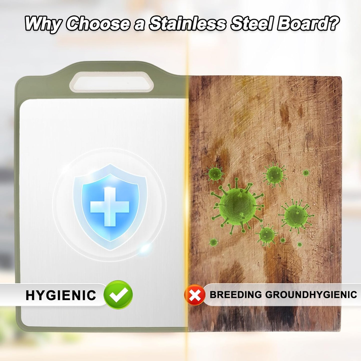 VOCOSTE Double-Sided Stainless Steel Cutting Board, Hygienic Kitchen Board for Meat, Fruits & Vegetables, Dishwasher Safe, Families with Children and Elderly, Green