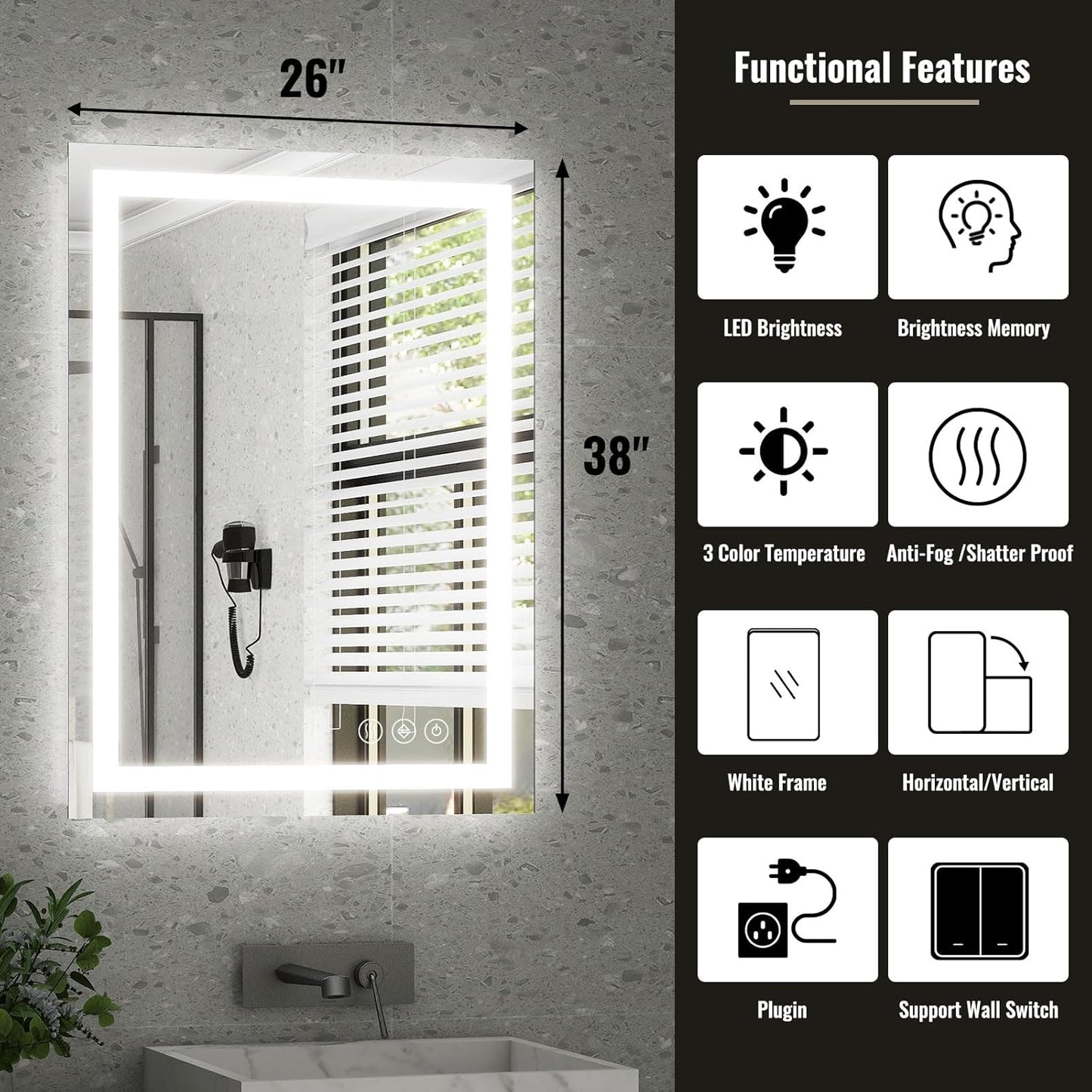26x38 Inch LED Bathroom Mirror with Lights for Wall - Backlit + Front Lit, 3 Color Modes, Anti-Fog, Tempered Glass - Wall Mounted Modern Vanity Mirror