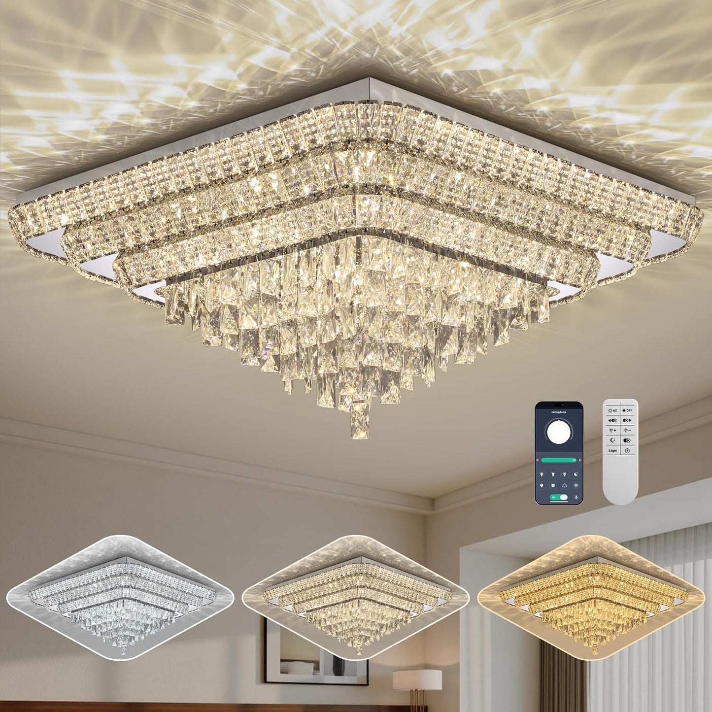 Elegant LED Crystal Raindrop Ceiling Light, 30 Inch Square Flush Mount Chandelier with Remote for Living Room Kitchen Island Bedroom Hallway Entryway Foyer (Dimmable)