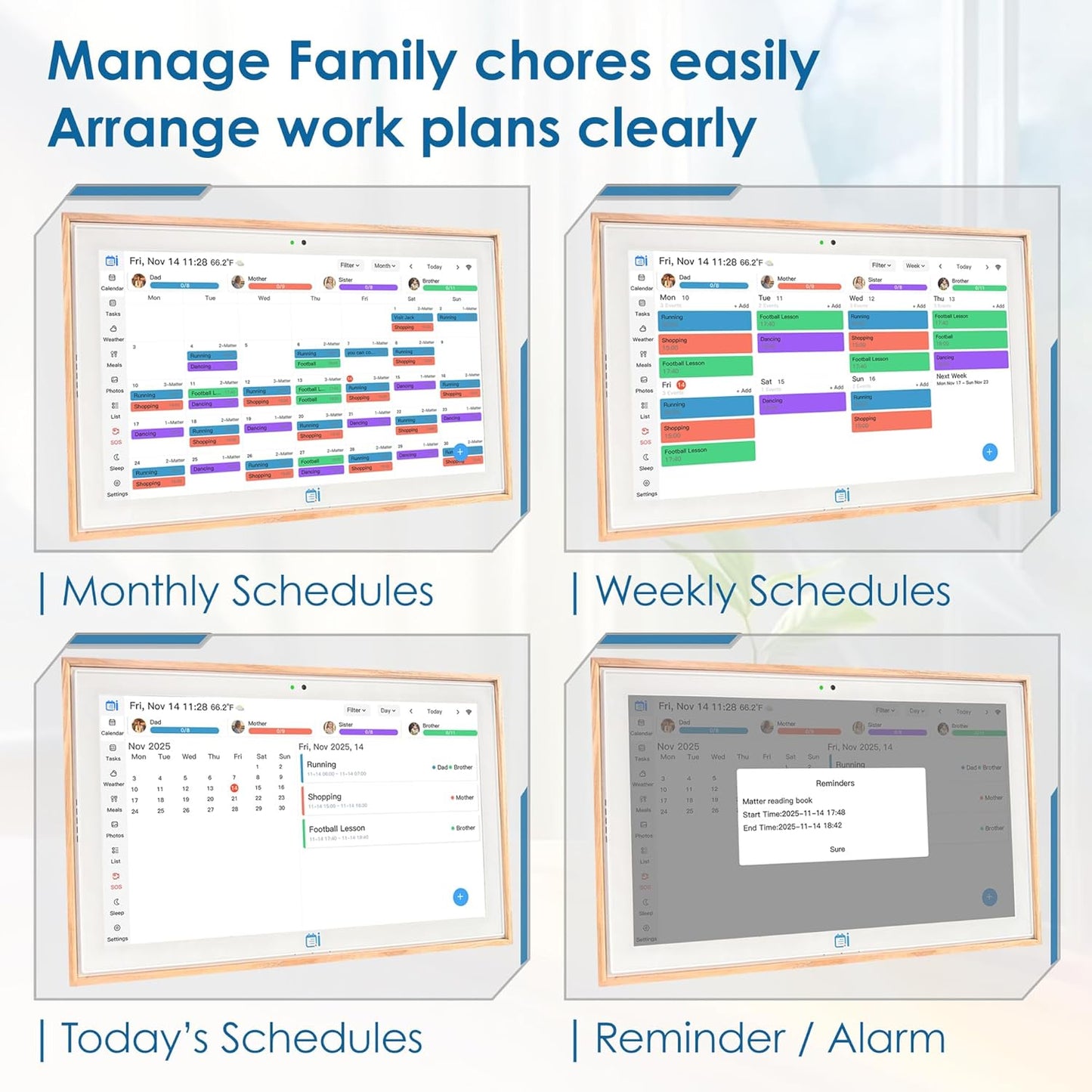 USIN 15.6 inch Wooden Digital Calendar, Wall Touch Screen Home Organizor, Family Chore Charts and Meal Planner, Interactive Display schedule, Desk and Wall Mounted, Electronic Calendars with Free App