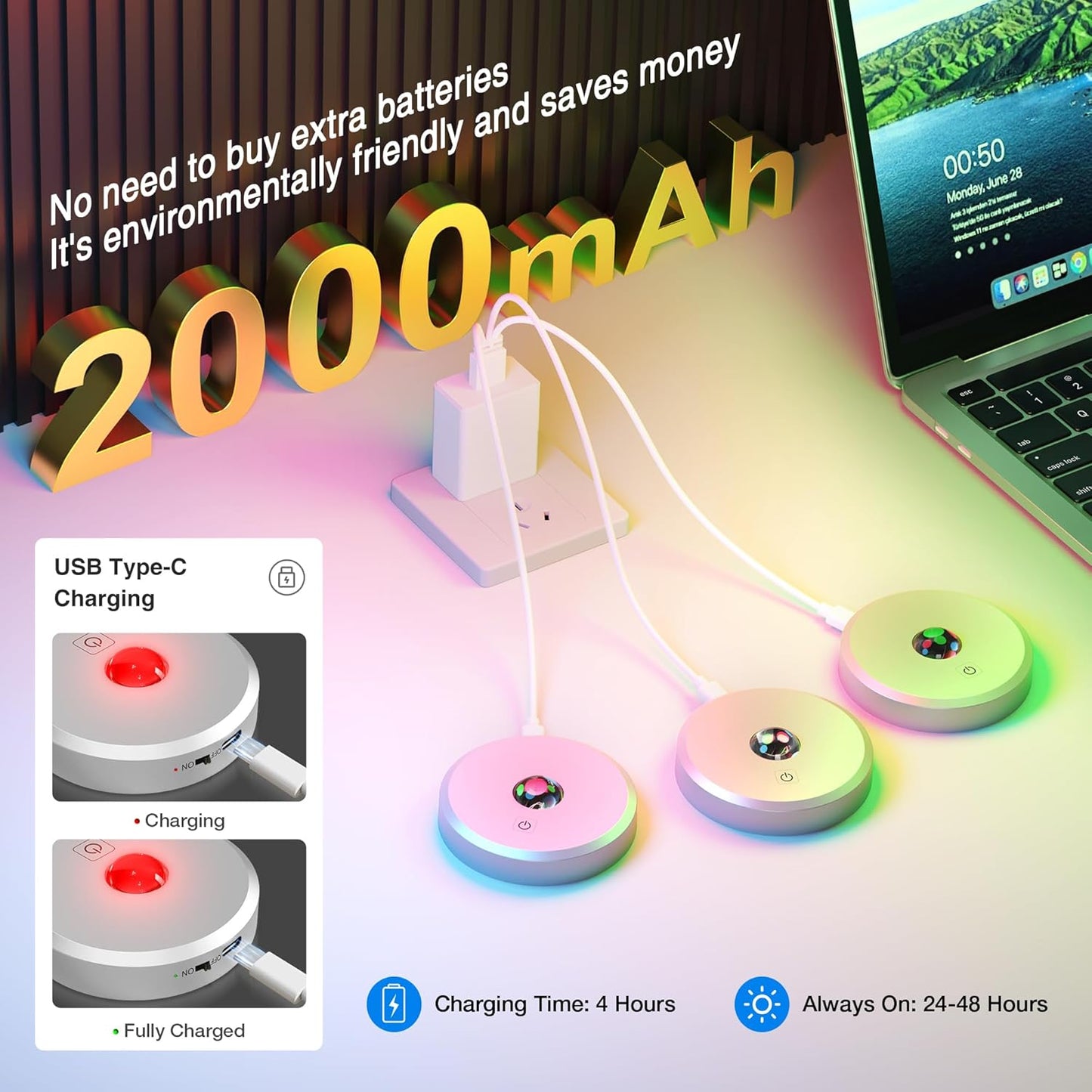 RGB Puck Lights with Remote Control, 2000mAh Battery Operated Tap Lights Rechargeable, 9 Colors & 2 Dynamic Changing Under Cabinet Lighting, Magnetic Stick on Light for Closet(Silver, 3 Pack)