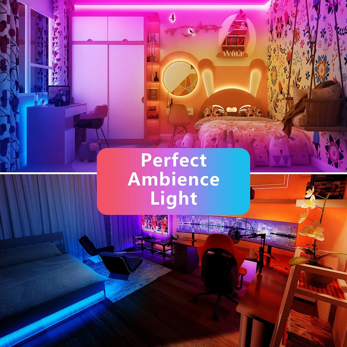 TJOY 60ft Bluetooth LED Strip Lights, Music Sync LED Lights Strip,RGB Color Changing Lighting with Remote,Smart Phone APP Control,Lighting for Bedroom,Ceiling,Room DIY(APP+Remote +Mic/60ftx1)