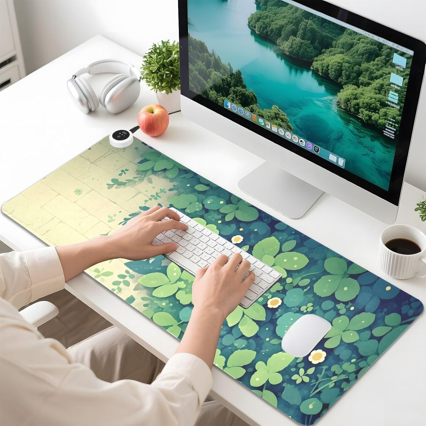Large Heated Mouse Pad,Leather Desk Mat,31.5"x13",Hand Warmer Pads for Desk,Leaf(Green)