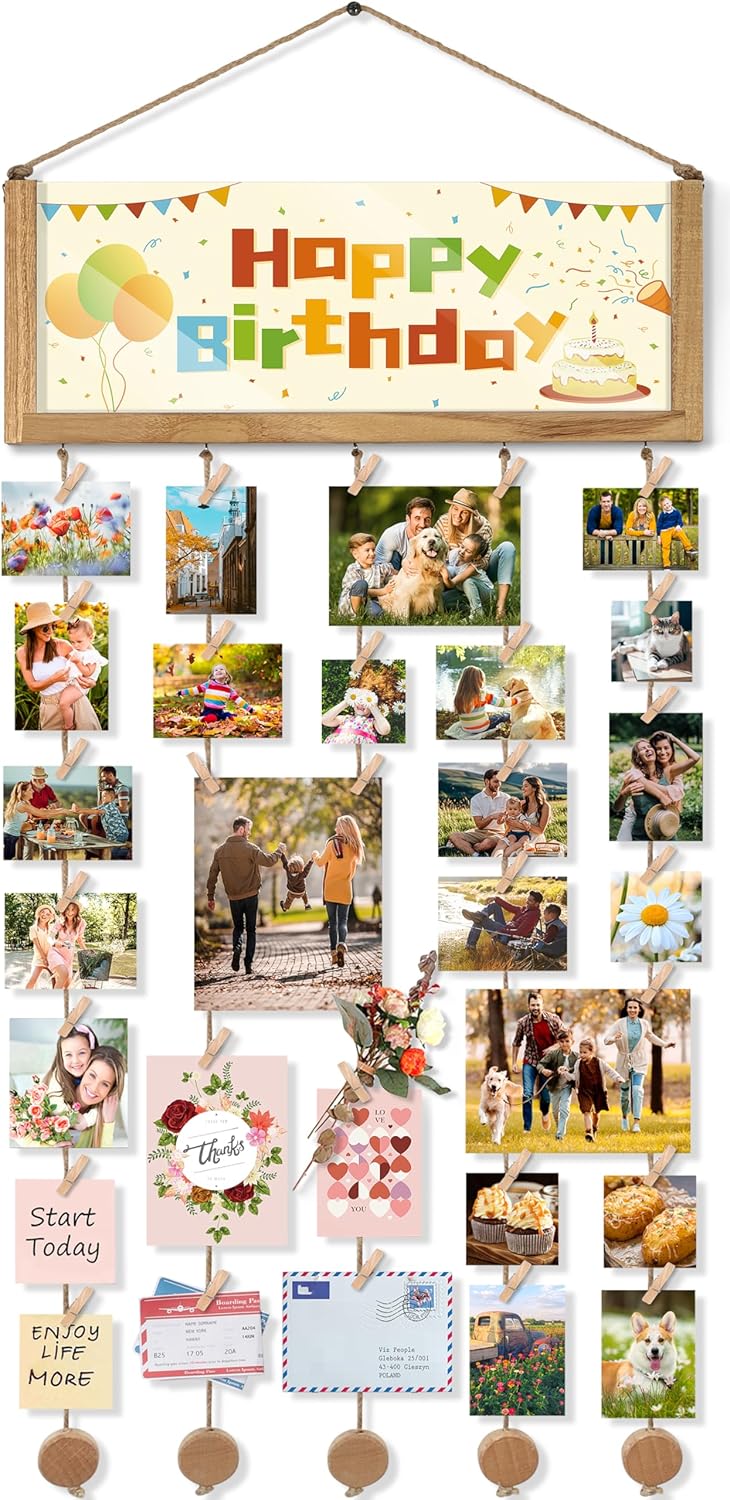Bikoney Rustic Collage Photo Display Wall Decor with Happy Birthday Banner, Gift Card Storage and 30 Clips for Dorm Room, Bedroom and Home