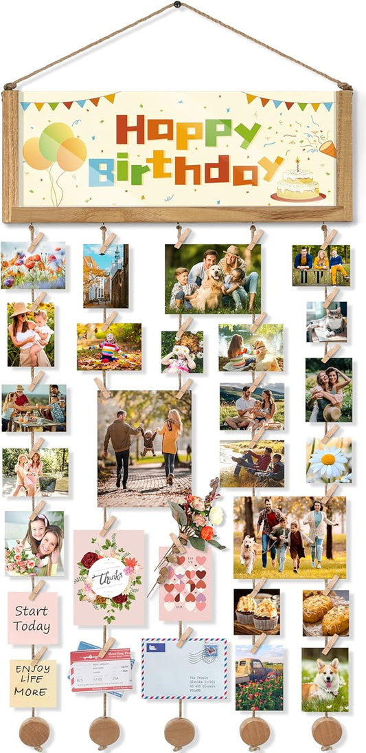 Bikoney Rustic Collage Photo Display Wall Decor with Happy Birthday Banner, Gift Card Storage and 30 Clips for Dorm Room, Bedroom and Home