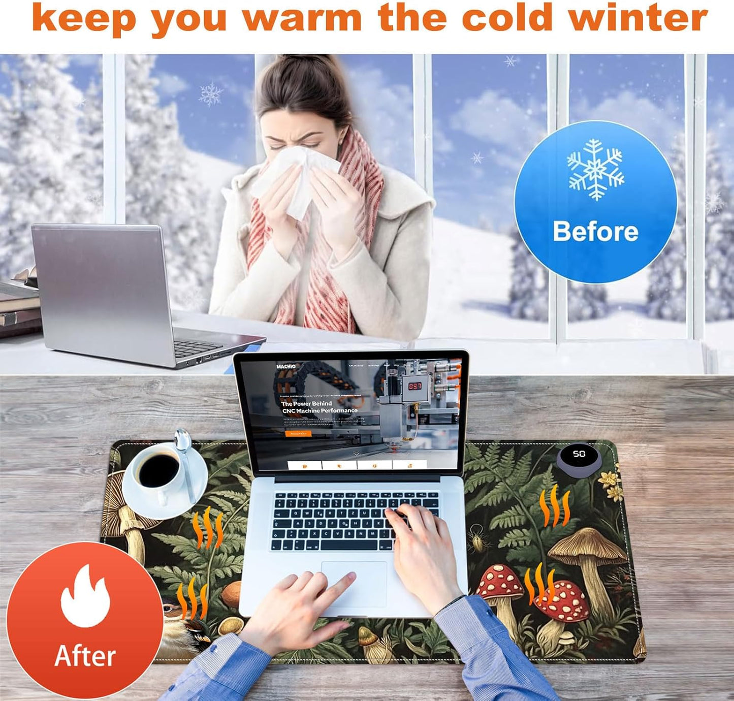 Heated Mouse Pad for Desk 31.5" x 13" – PU Leather Warm Desk Pad with 3 Heat Levels (104°F/113°F/122°F), Plug-in Electric Heating Mat with Auto Shut-Off, Waterproof & Rollable, Forest Mushrooms