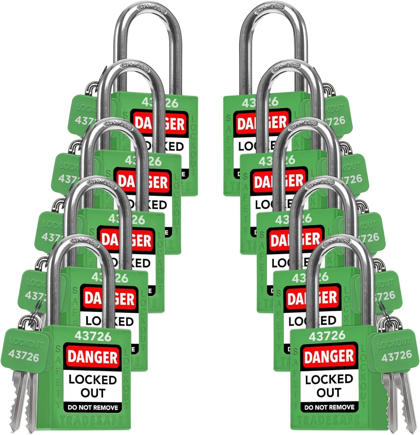 TRADESAFE Lockout Tagout Locks Set - 10 Green Keyed Alike Padlocks, 2 Keys Per Lock, OSHA Compliant Loto Locks for Lock Out Tag Out Stations, Premium Grade