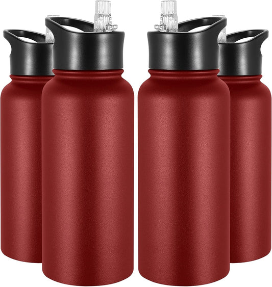 VEGOND 32 oz Insulated Water Bottle Bulk Stainless Steel Metal Water Bottles with Leak Proof Straw Lid & Spout Lid, Wide Mouth Double Walled Vacuum Travel Sports Bottle, Red 4 Pack